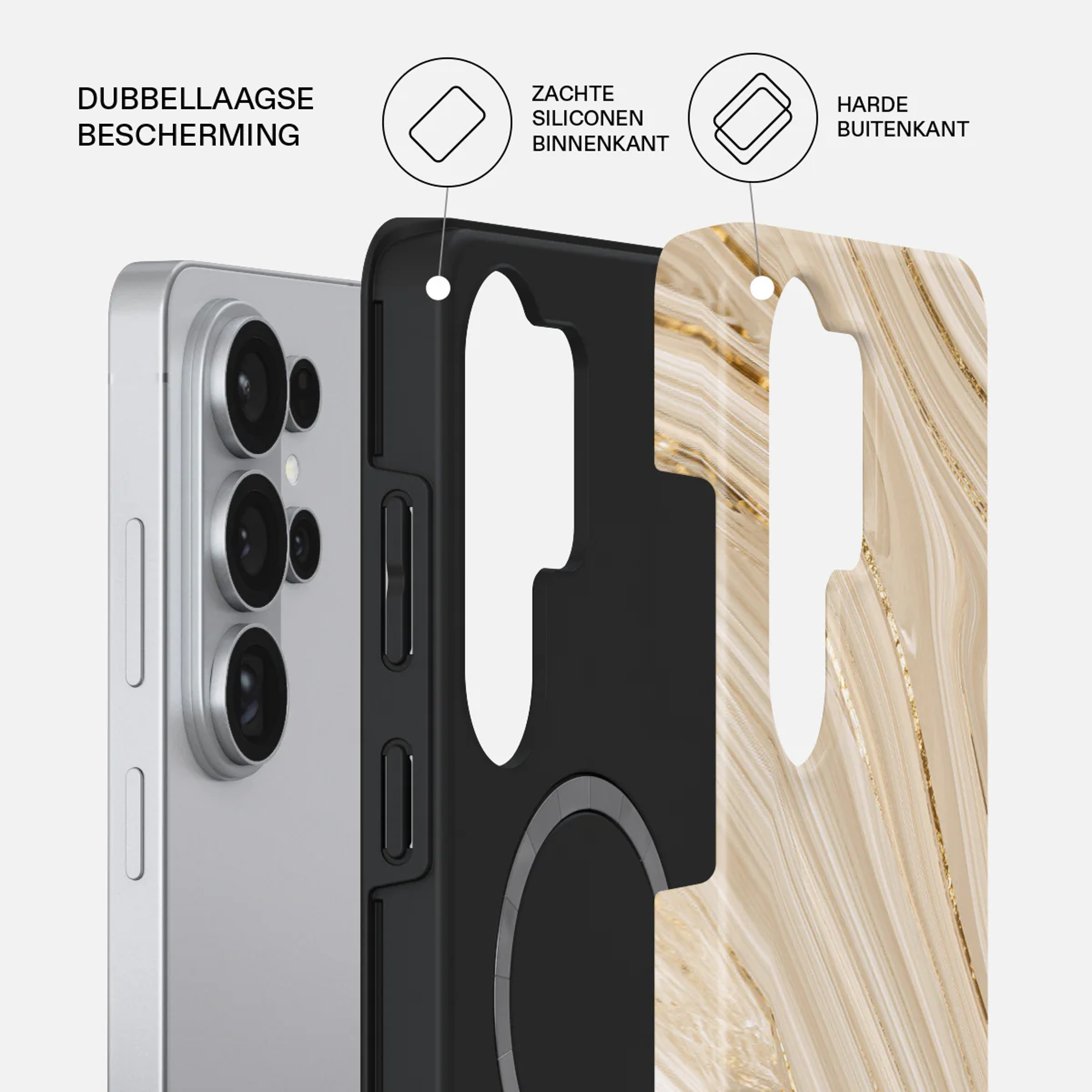 Een zilveren smartphone met een gelaagde beschermhoes in marmerlook.
