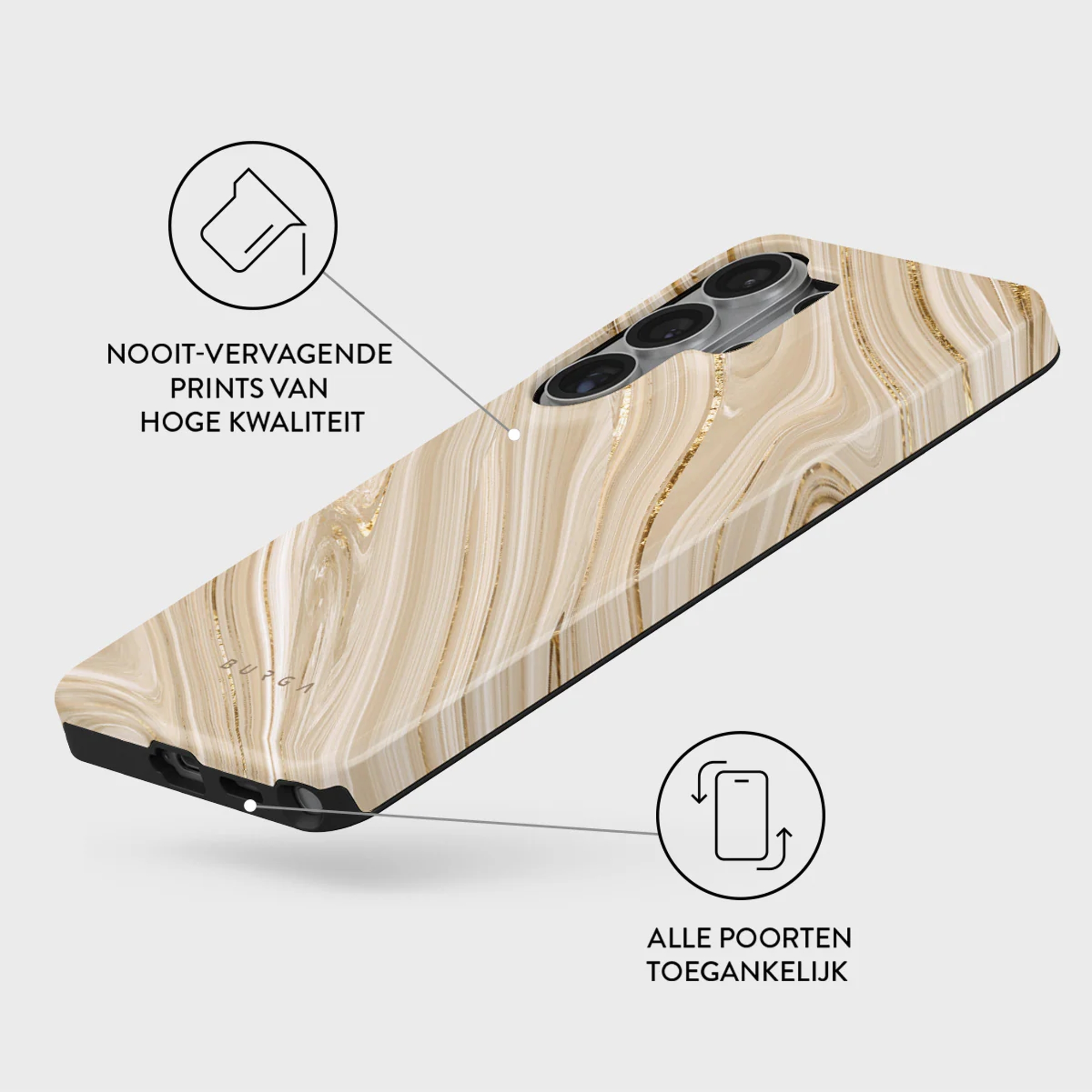 Telefoonhoes met beige en gouden marmerpatroon. Camera's en poorten zichtbaar.