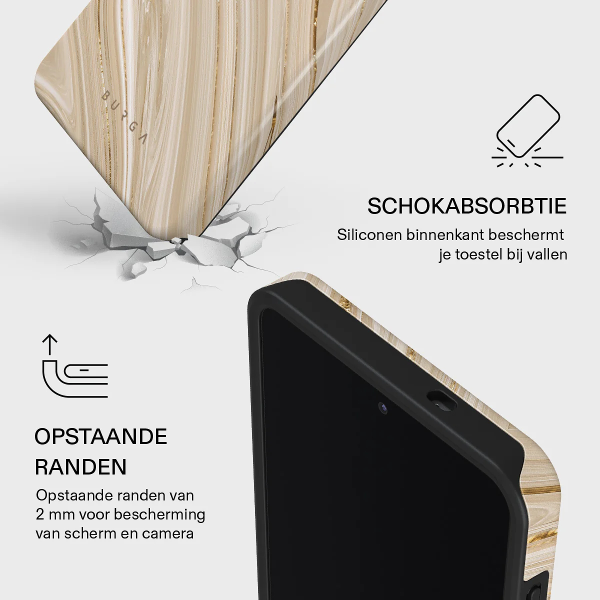 Telefoonhoes met houtnerf en gouden accenten, schokabsorberend.