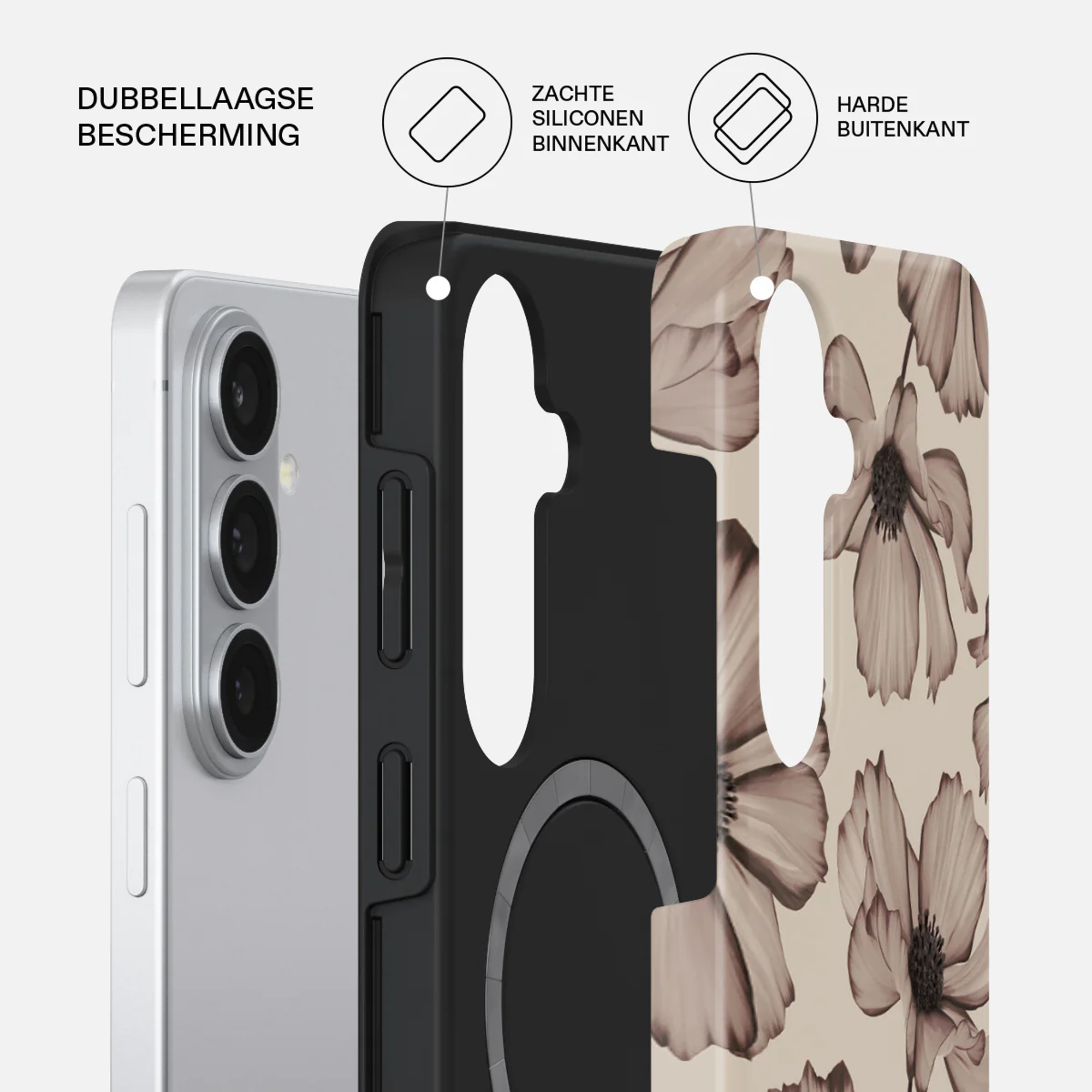 Een smartphone met een doorzichtige hoes met bloemenpatroon.