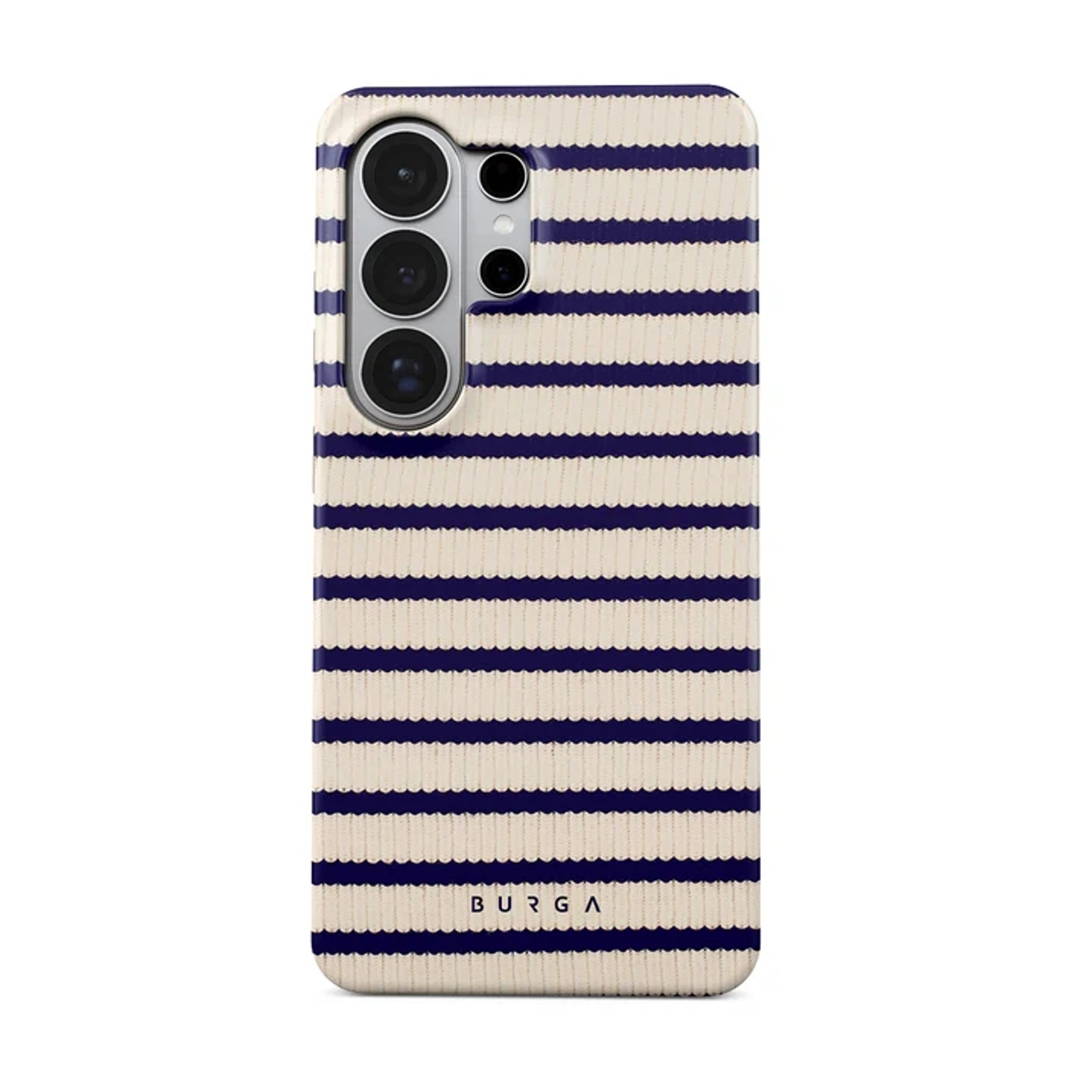 Een telefoonhoesje met horizontale marineblauwe en crème strepen.