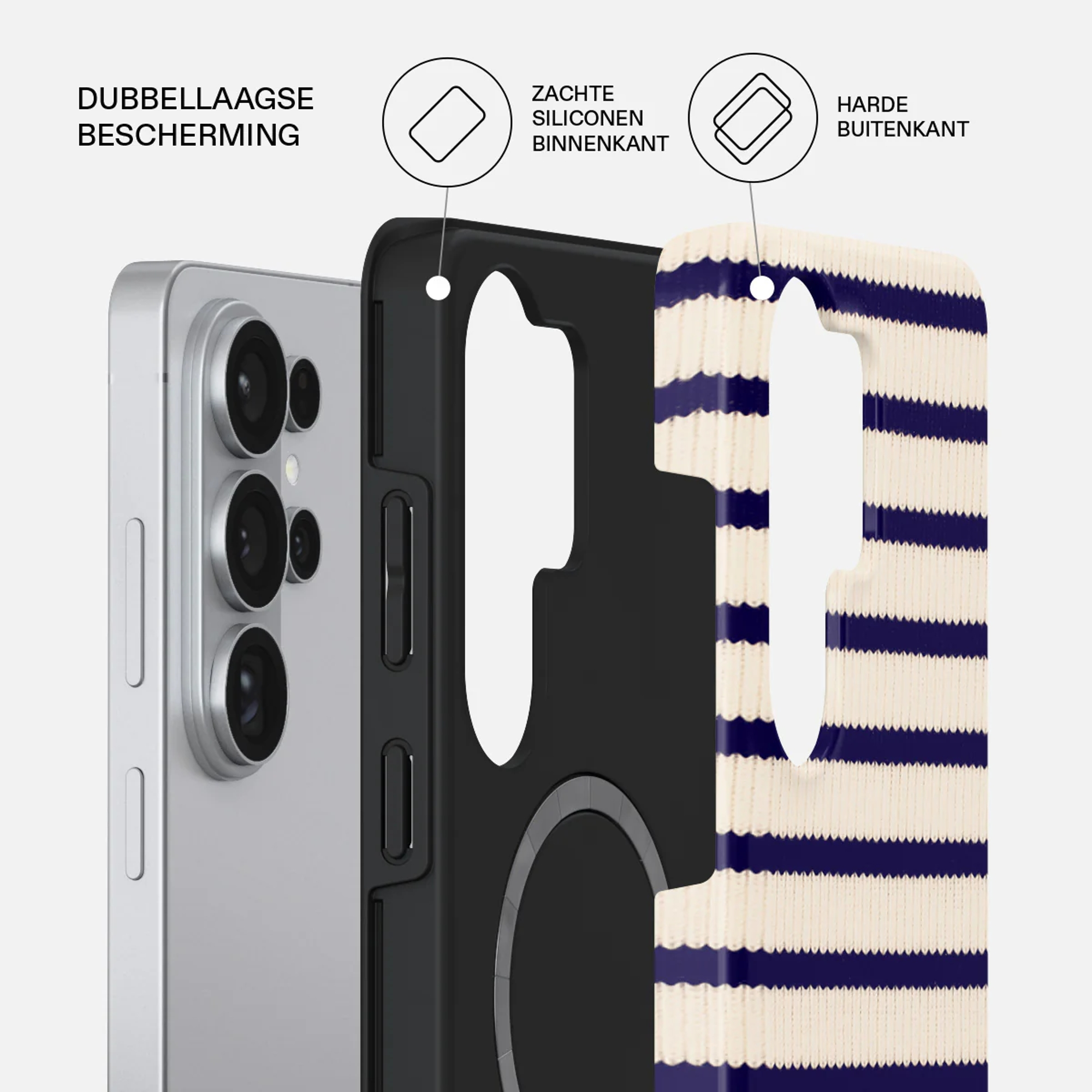 Zilveren smartphone met zwarte behuizing en gestreept patroon.
