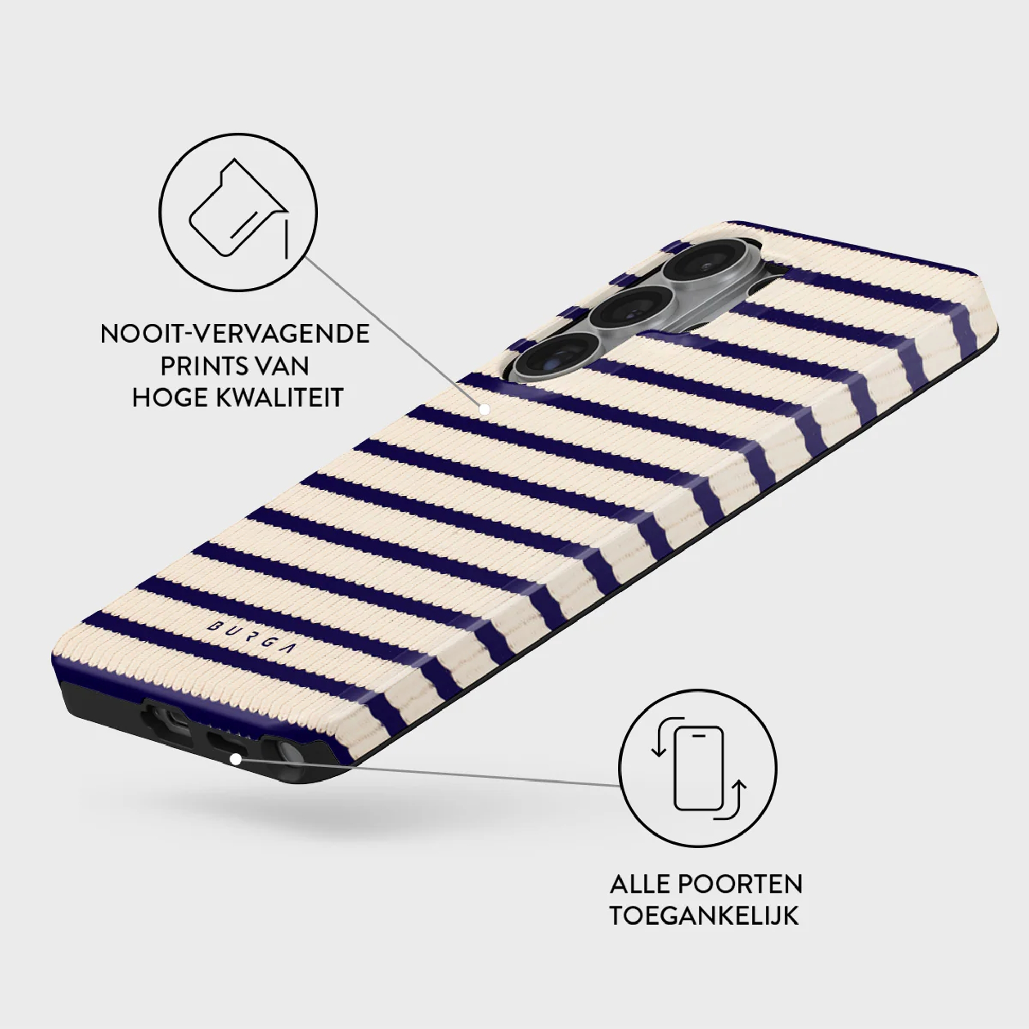 Een telefoonhoesje met donkerblauwe en crèmekleurige strepen.