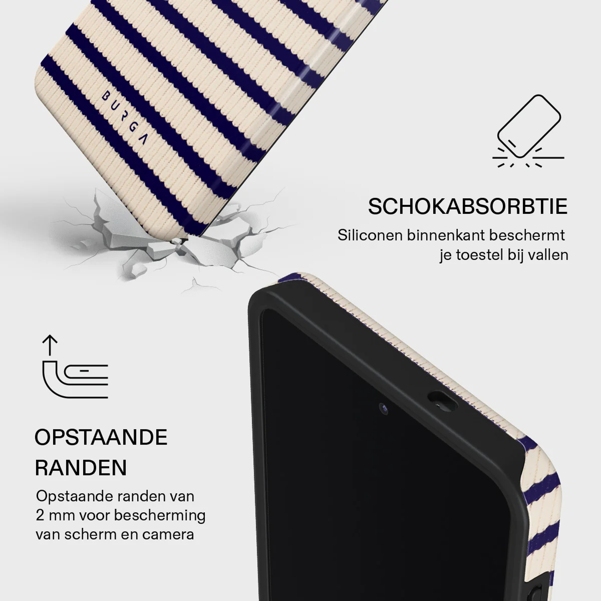 Gestreept telefoonhoesje, schokabsorberend met verhoogde randen.