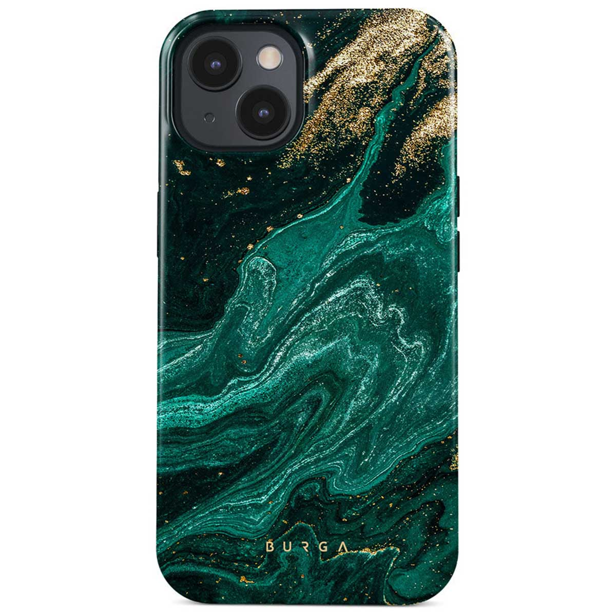 Groene marmeren telefoonhoes met gouden accenten en cameramodule.