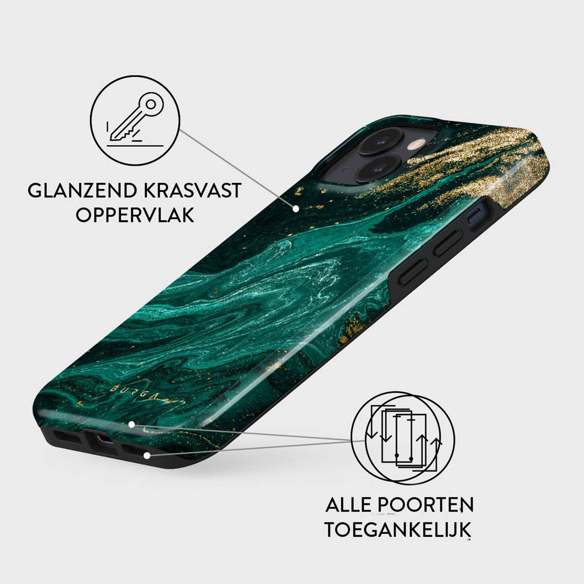 Een smaragdgroene telefoonhoes met gouden accenten, die krasbestendigheid en poorttoegang toont.