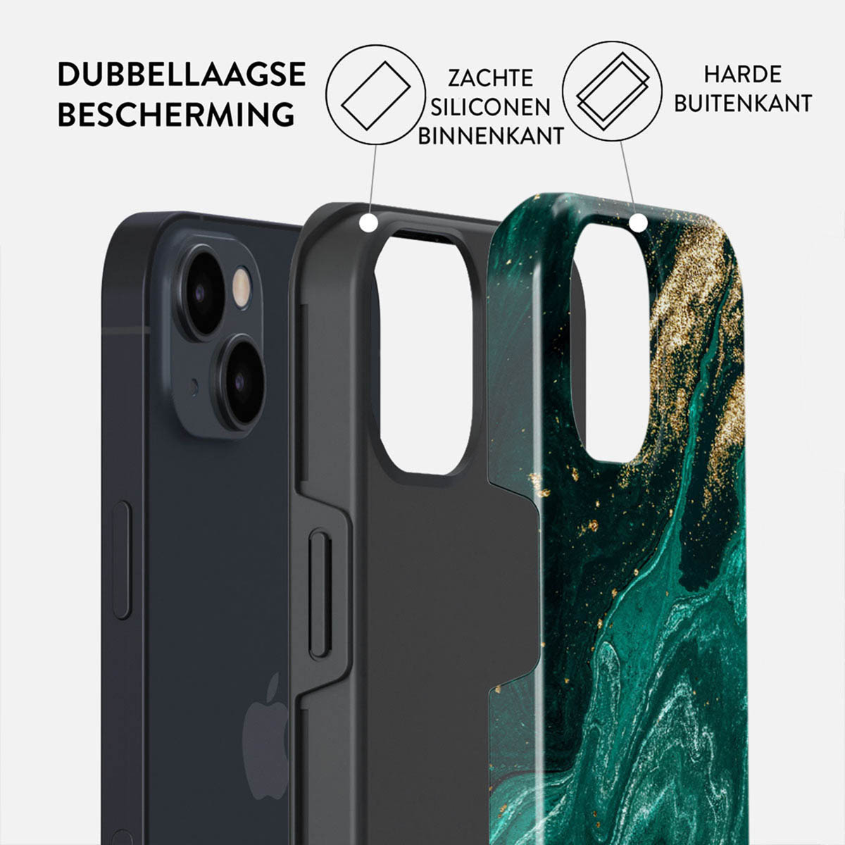 Drie telefoonhoesjes naast elkaar die beschermende lagen tonen.