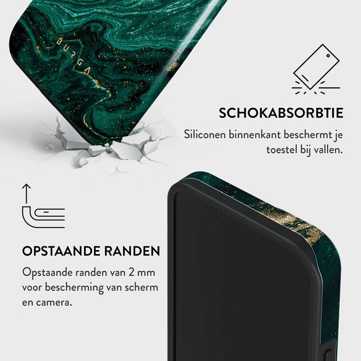 Groene marmeren telefoonhoes met gouden accenten, schokabsorberend, verhoogde randen.