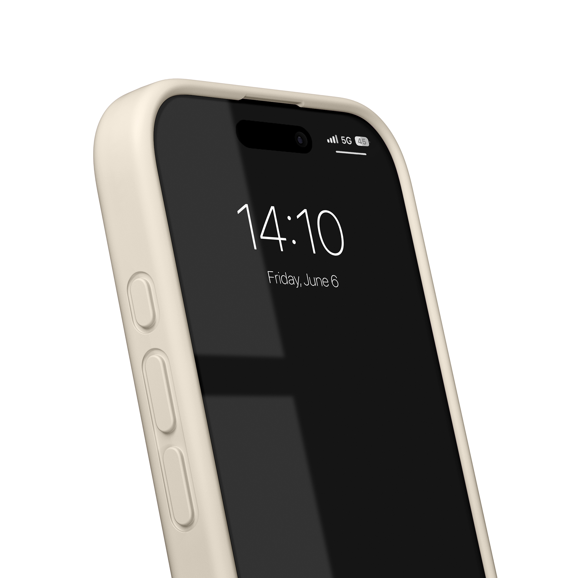 Ein hellbeiges iPhone-Case mit dunklem Bildschirm, zeigt 14:10 Uhr.