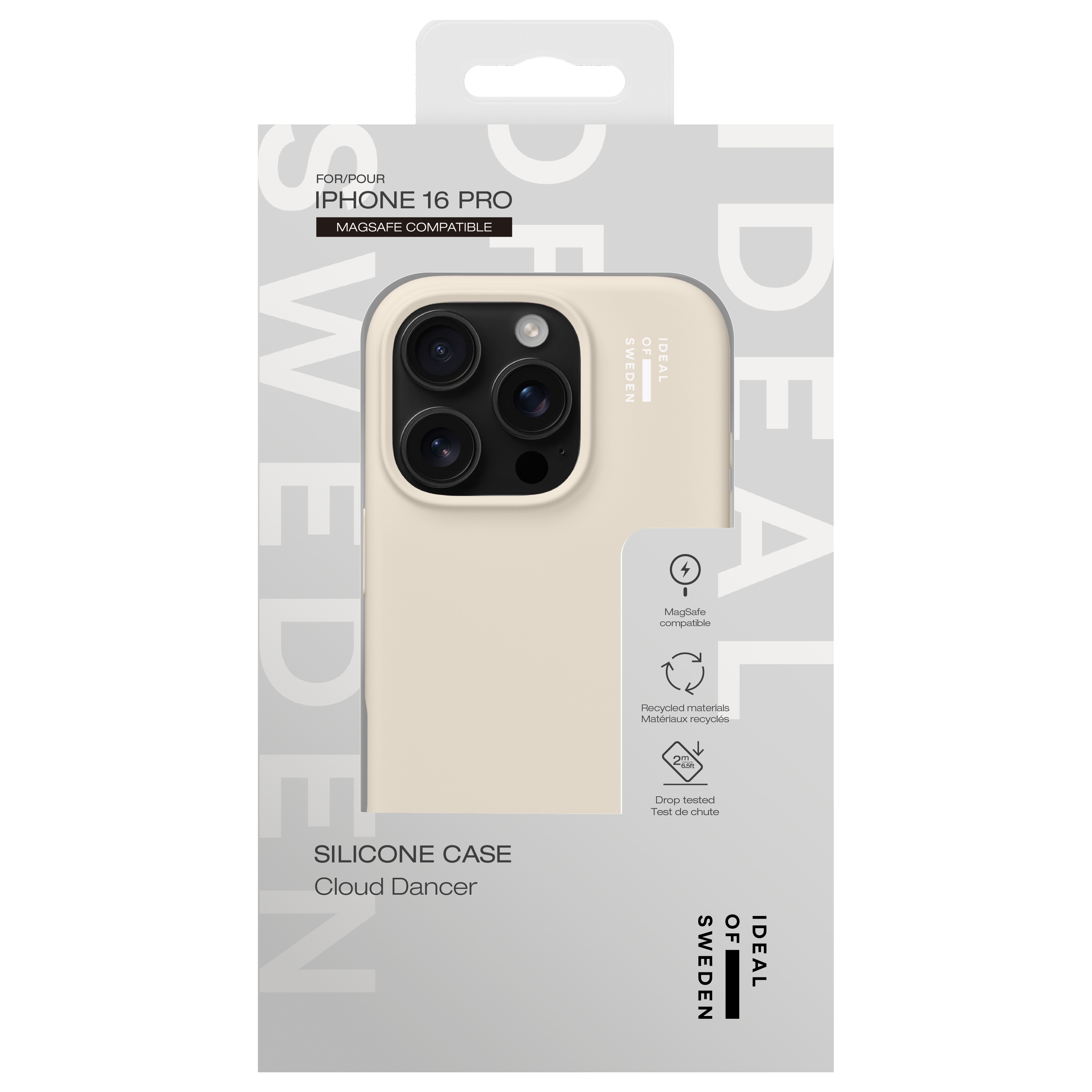 Beige iPhone 16 Pro Hülle mit MagSafe-Kompatibilität und Kameraschutz.