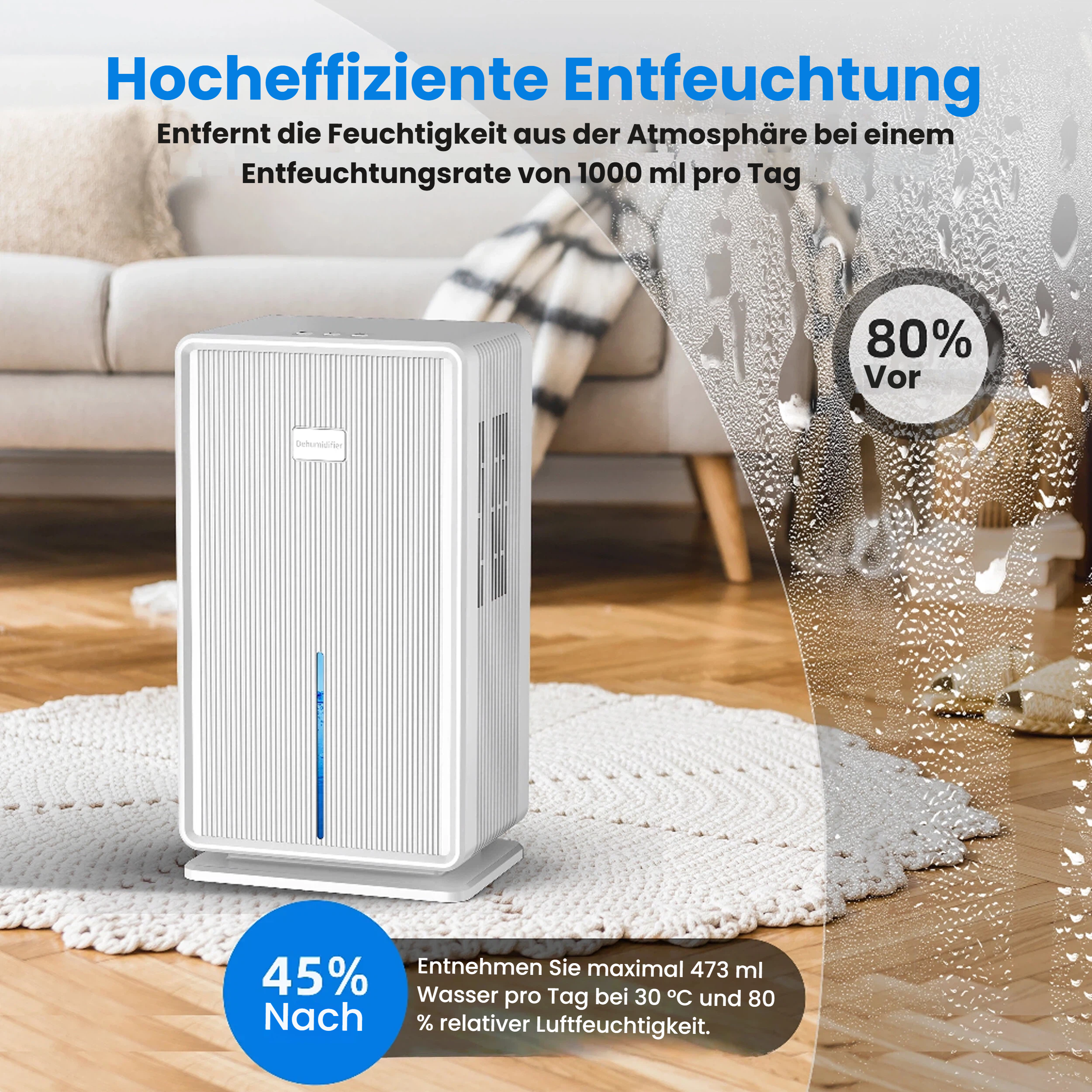Ein weißer Luftentfeuchter steht auf einem Teppich. 80% Luftfeuchtigkeit.