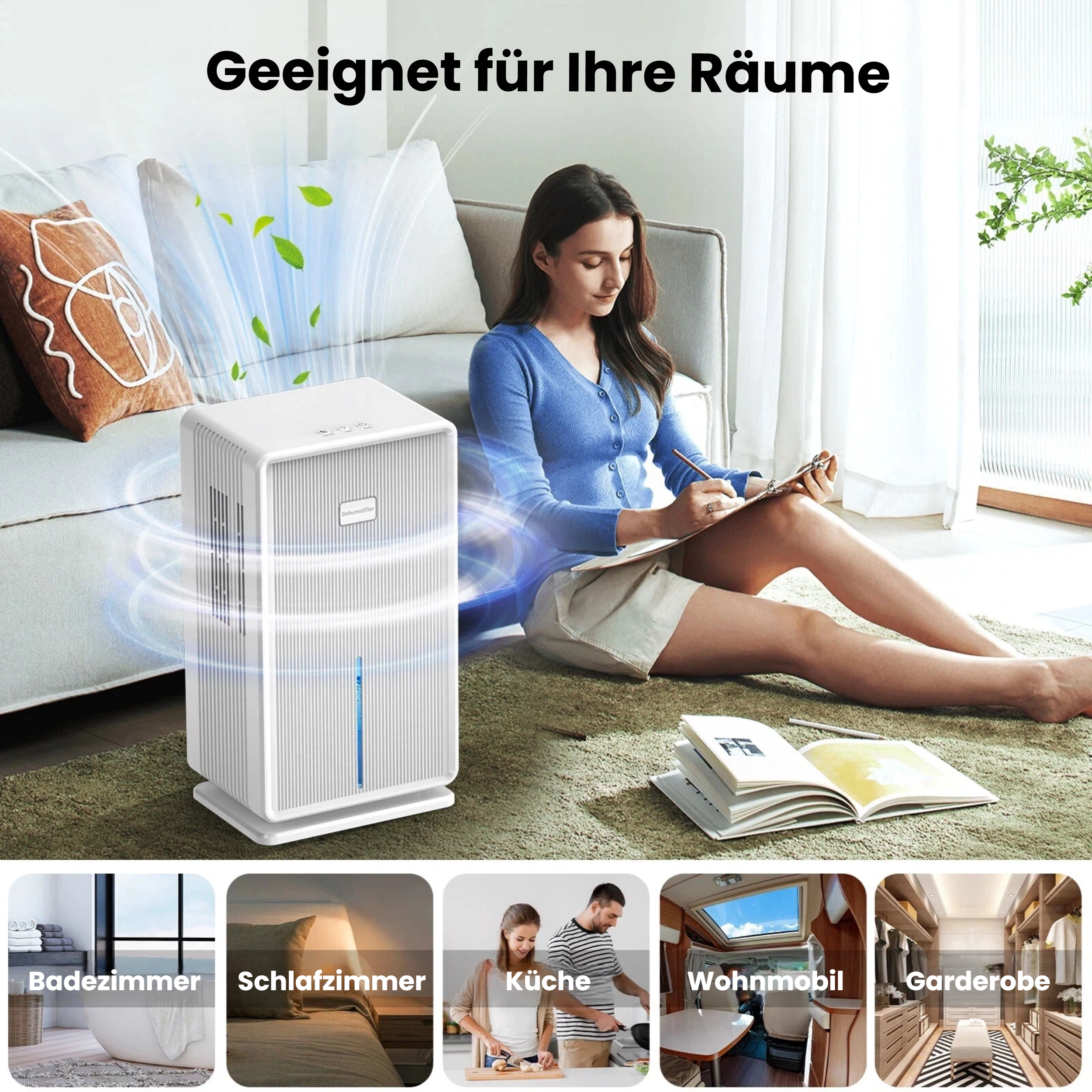 Ein Luftreiniger steht neben einem Sofa, auf dem eine Frau sitzt. Mehrere Räume sind abgebildet.