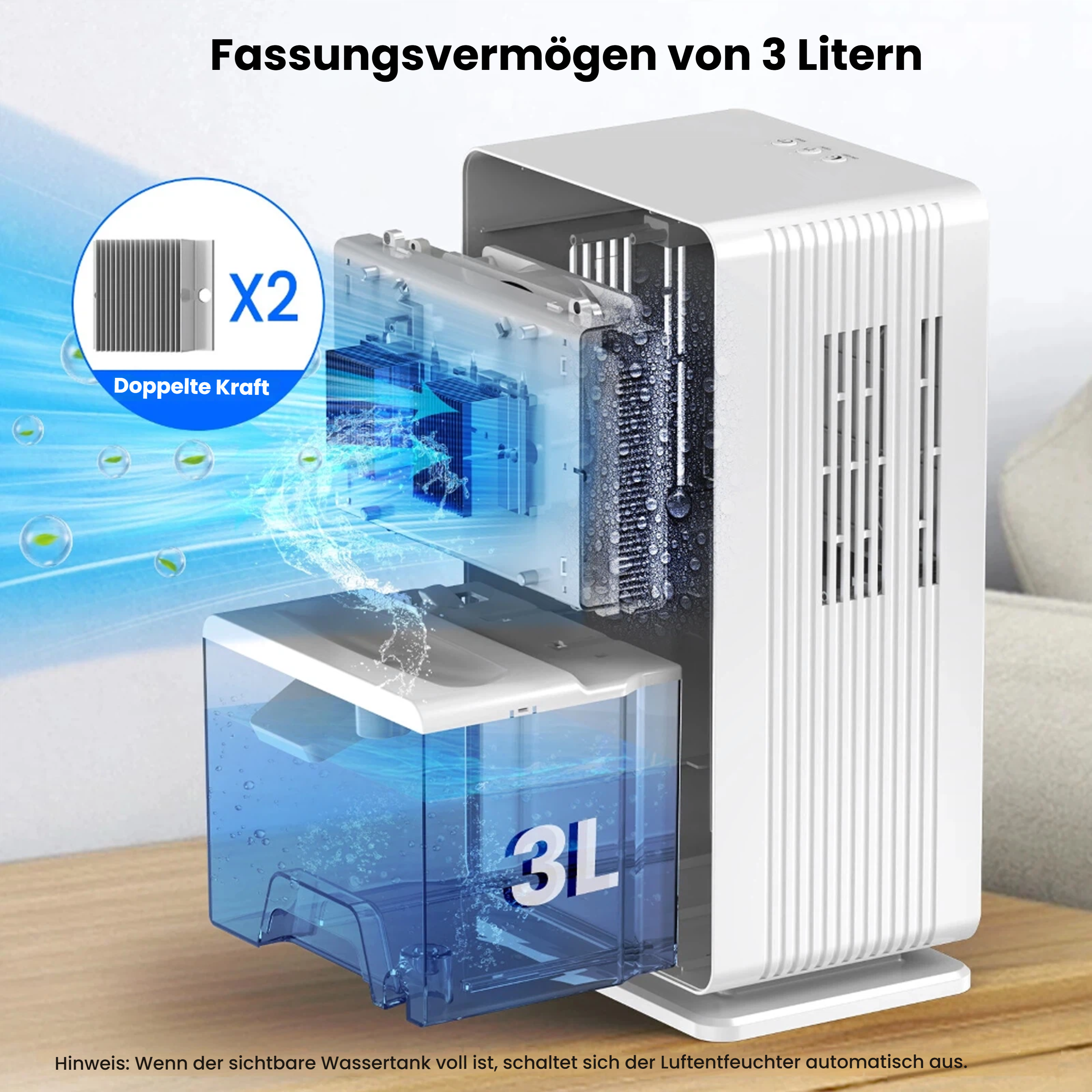 Luftentfeuchter mit 3L Wassertank, zeigt "Doppelte Kraft" und "X2" an.