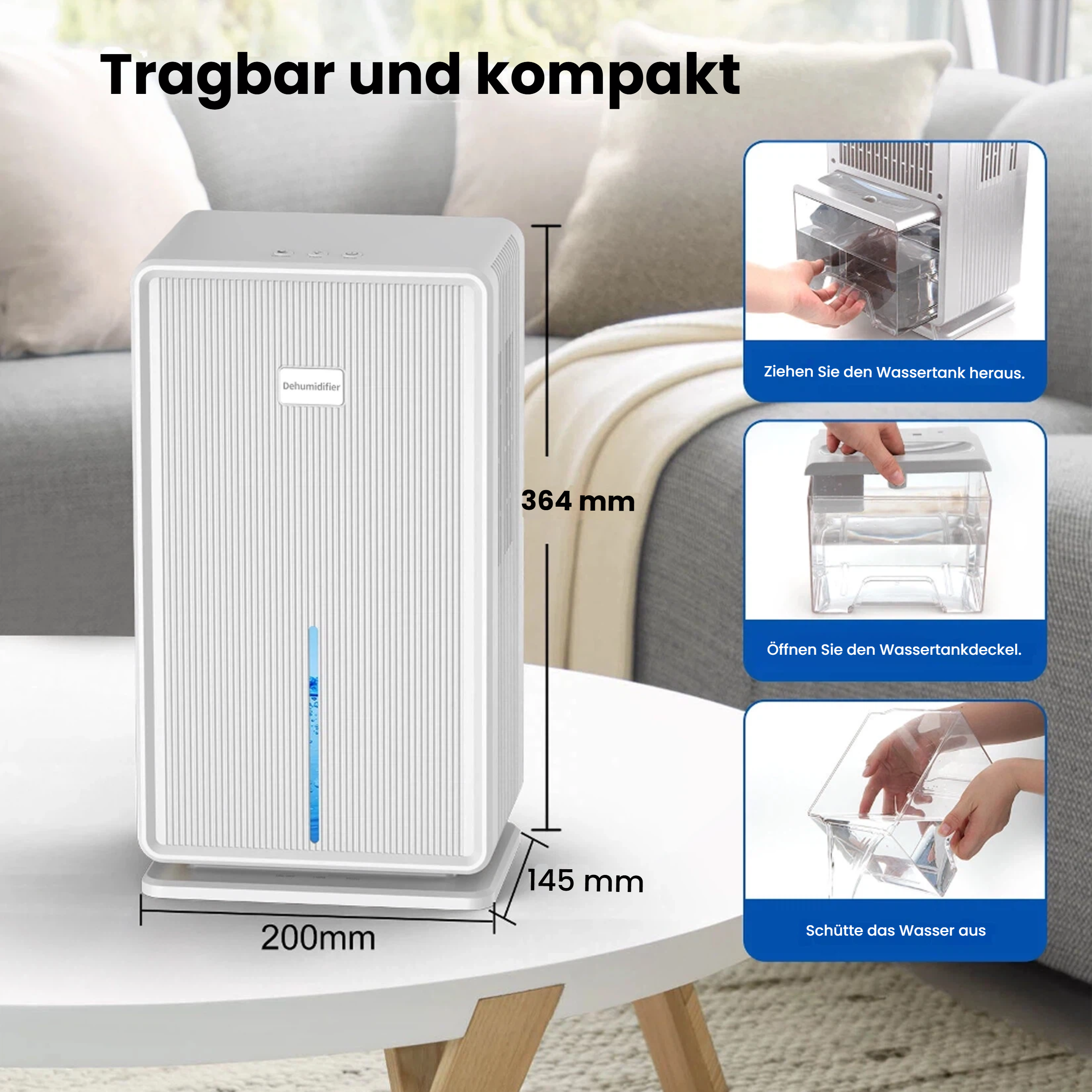 Ein weißer Luftentfeuchter mit Maßen 200x145x364mm auf einem Tisch.