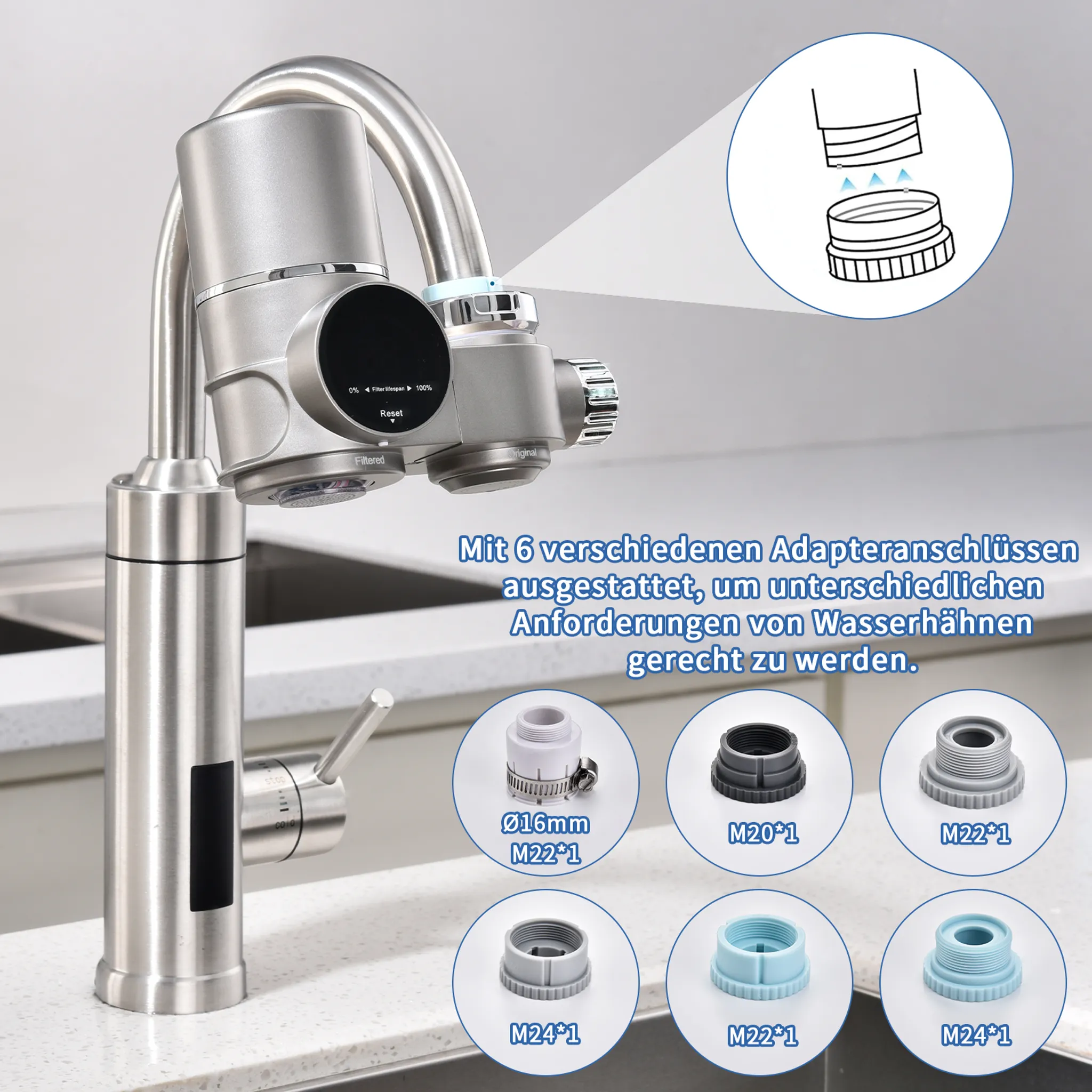 Wasserhahnfilter mit 6 Adaptern: Ø16mm M22*1, M20*1, M22*1, M24*1, M22*1, M24*1.