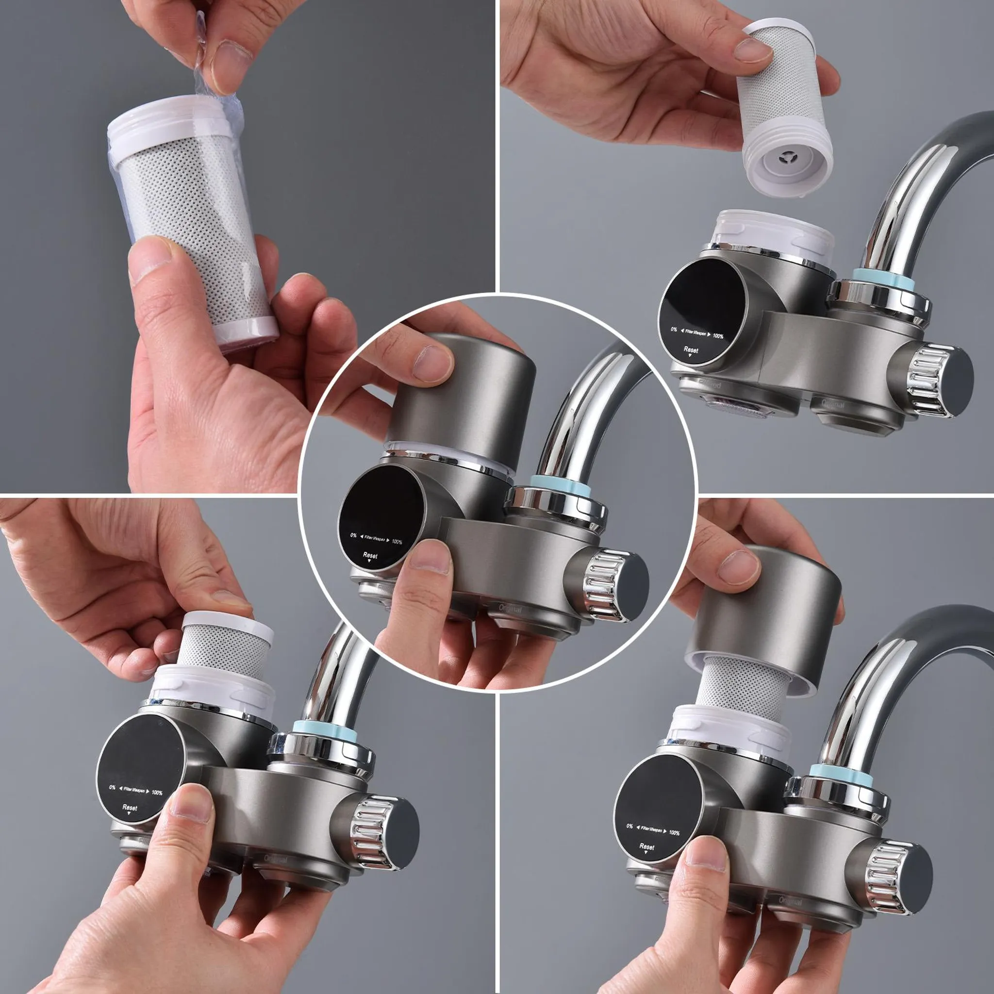Eine Person setzt einen Wasserfilter in einen Wasserhahn ein. Das Gerät zeigt den Filterstatus an.