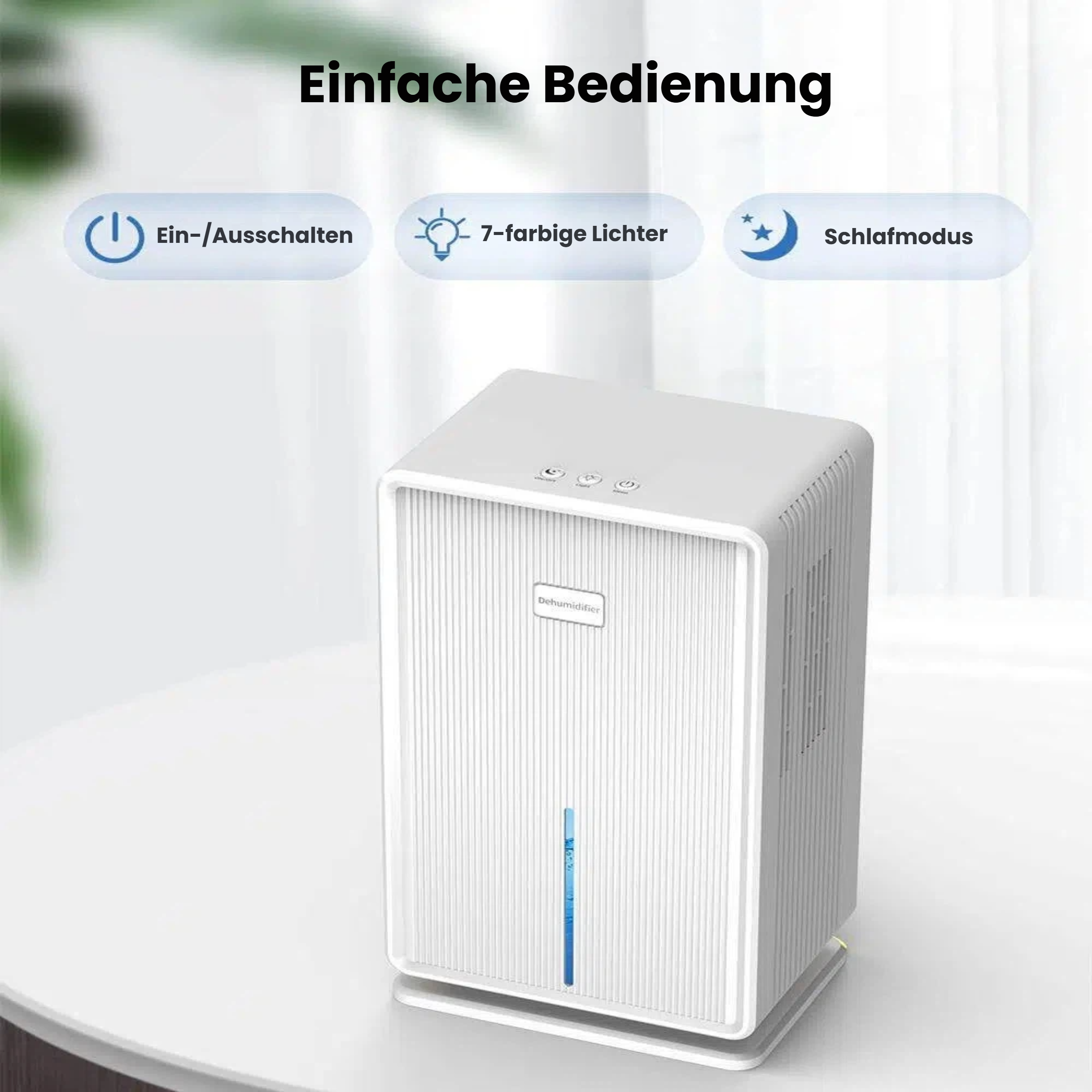 Ein weißer Luftentfeuchter mit Bedienfeldern und einem Wasserstandsanzeiger.
