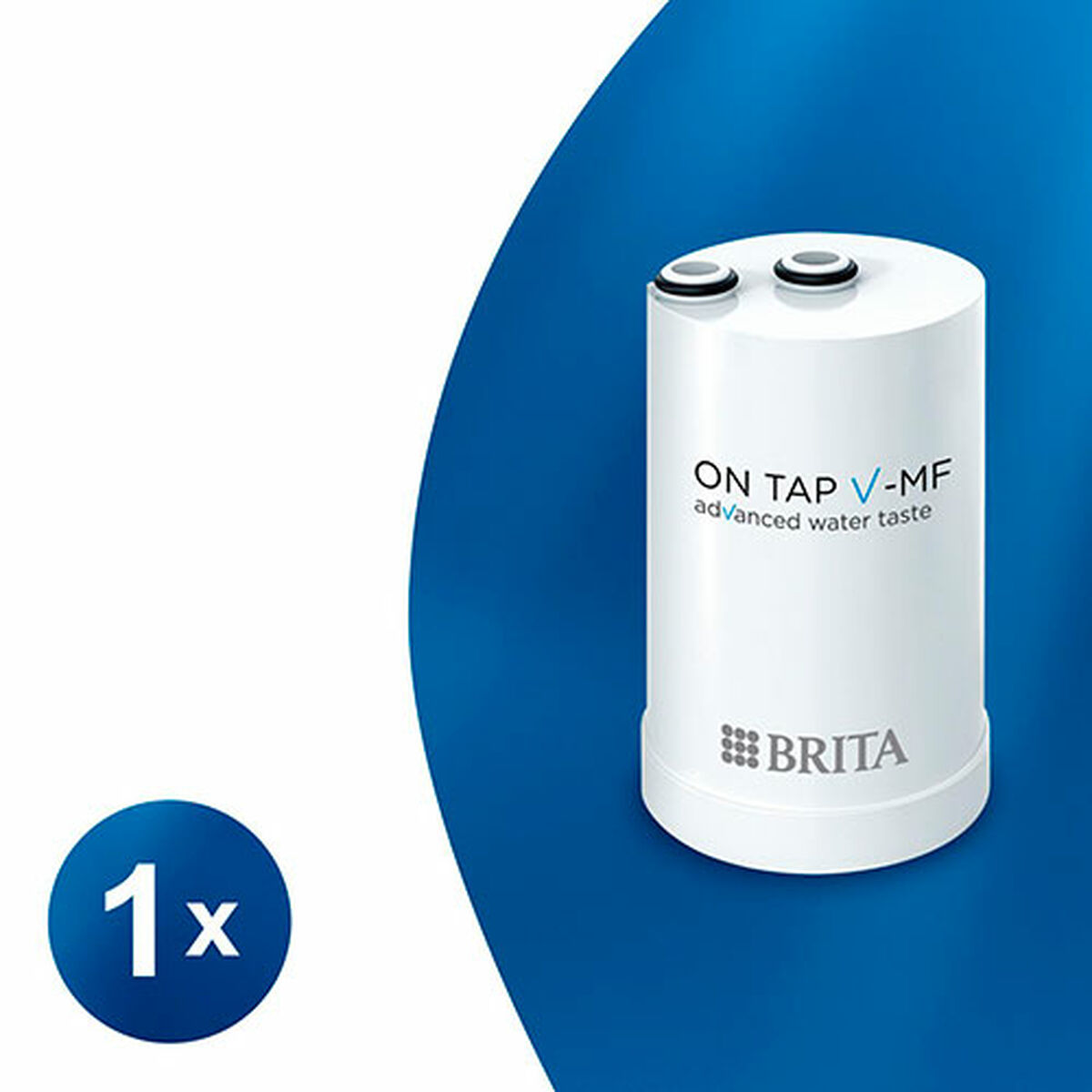 Cartuccia filtro acqua Brita bianca con "ON TAP V-MF" e logo "BRITA".