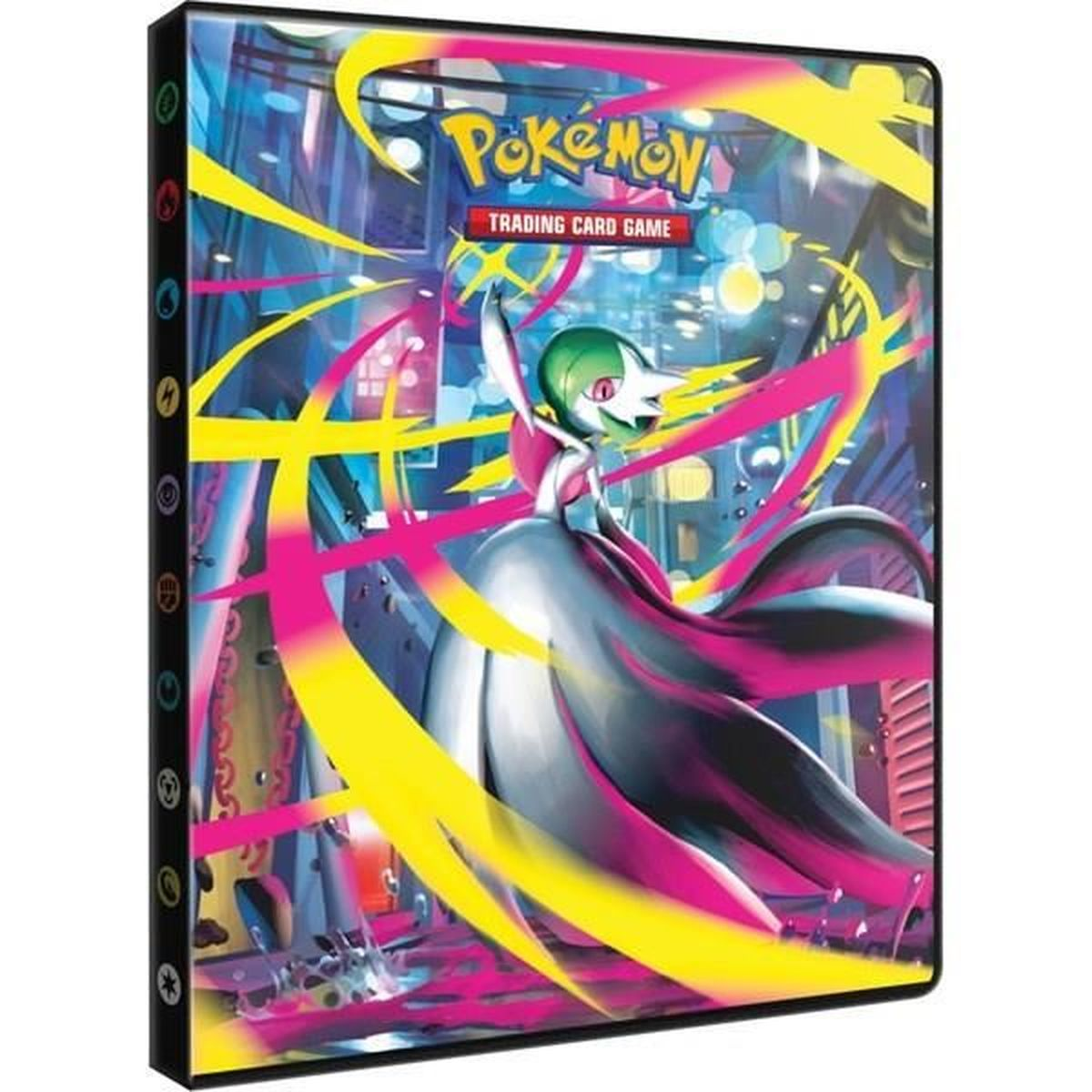 Pokémon Sammelkartenspiel-Ordner mit Gardevoir vor einem lebhaften Hintergrund.