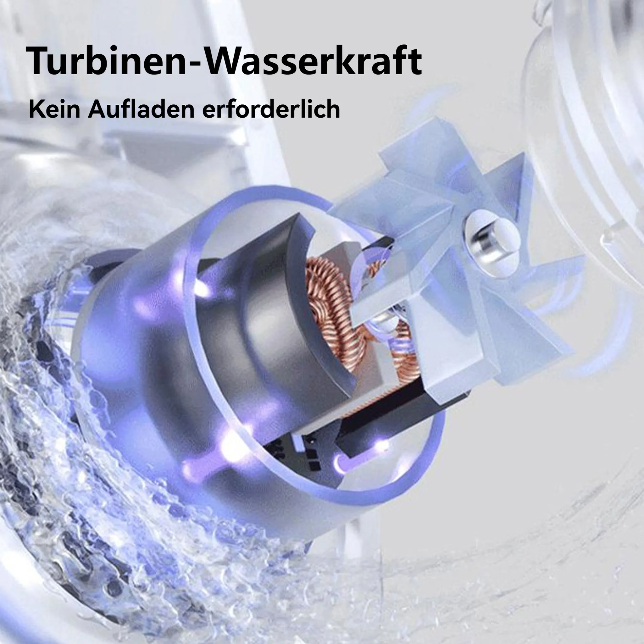 Turbinen-Wasserkraftwerk mit rotierender Turbine und Kupferwicklungen.