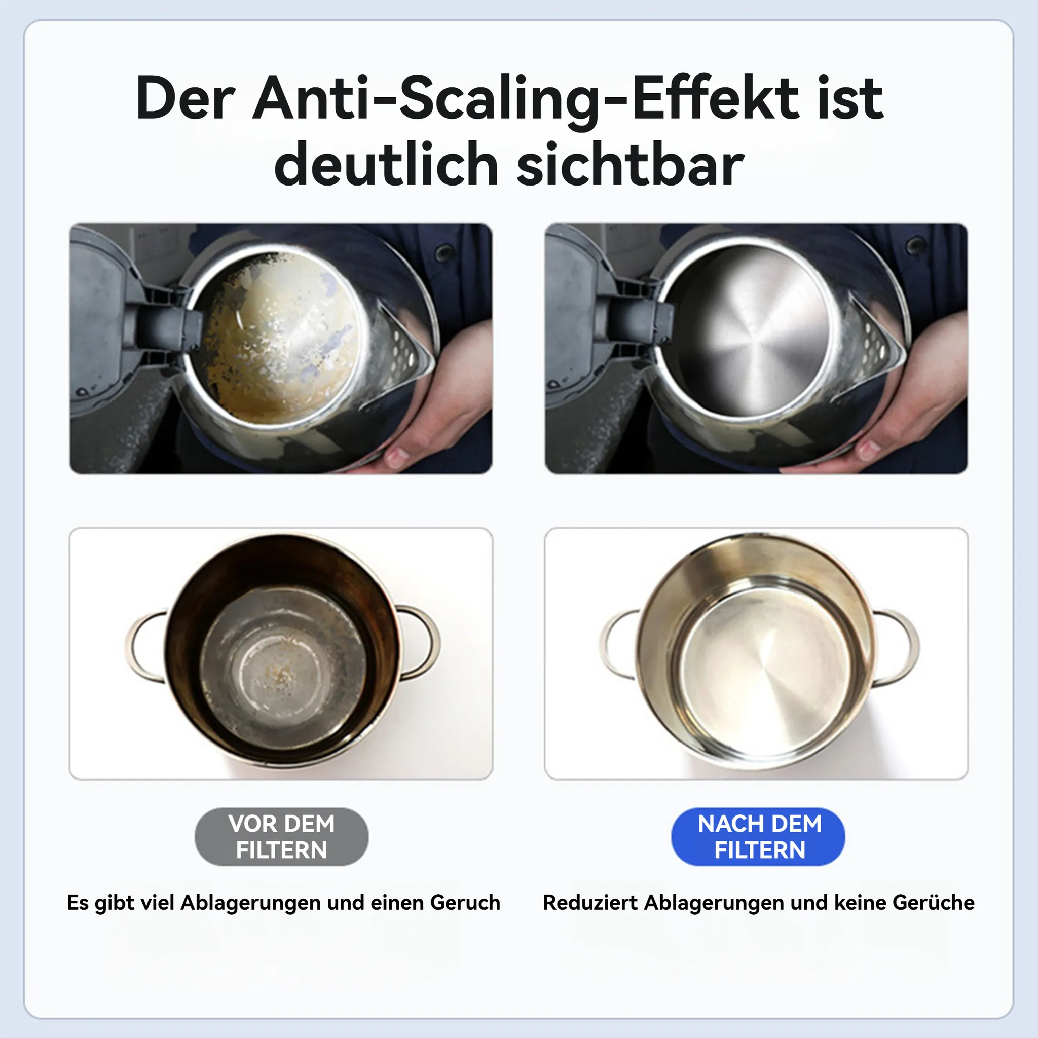 Vorher/Nachher-Vergleich von Wasserkocher und Topf mit Kalkablagerungen.