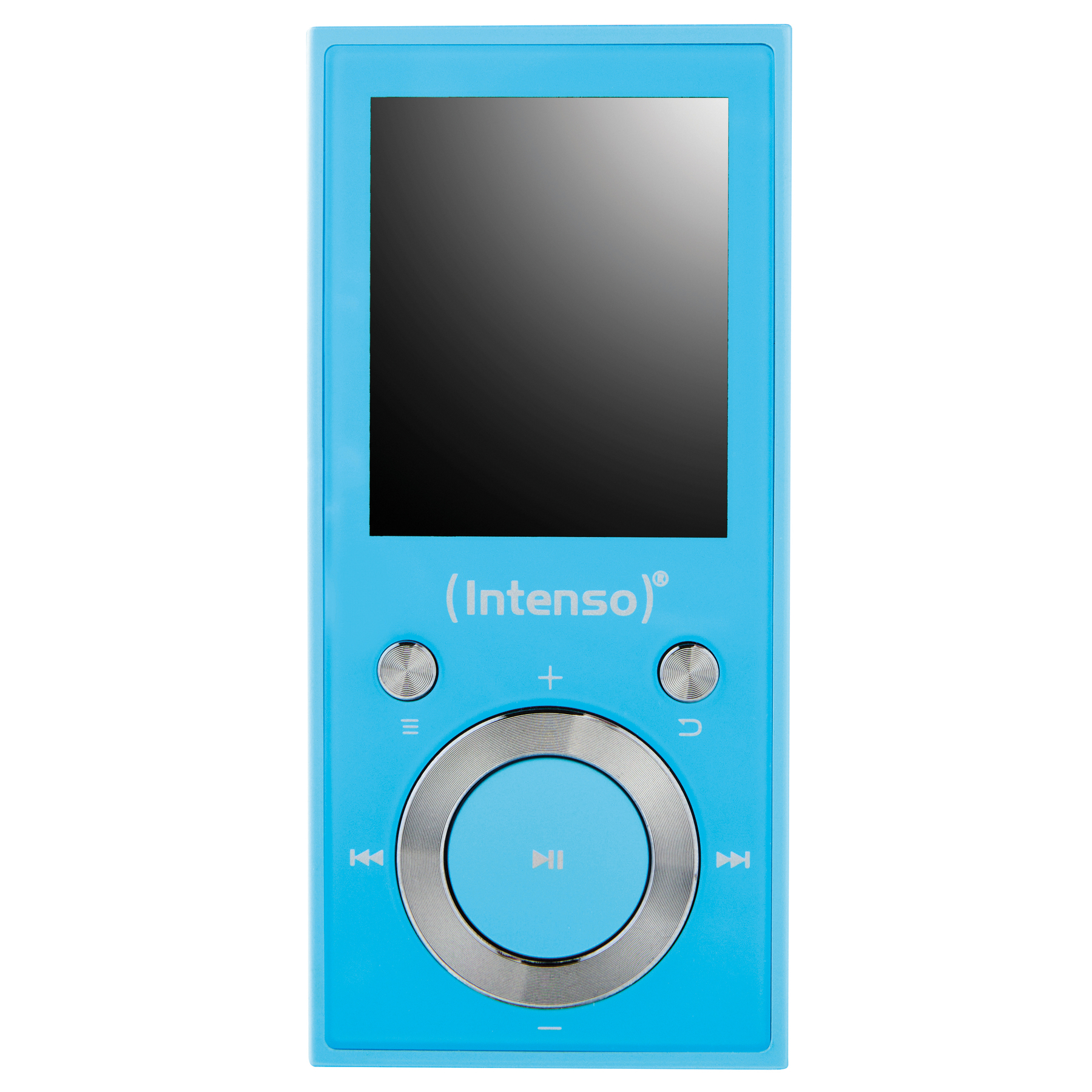 Ein hellblauer MP3-Player mit schwarzem Bildschirm und silbernen Bedienelementen.
