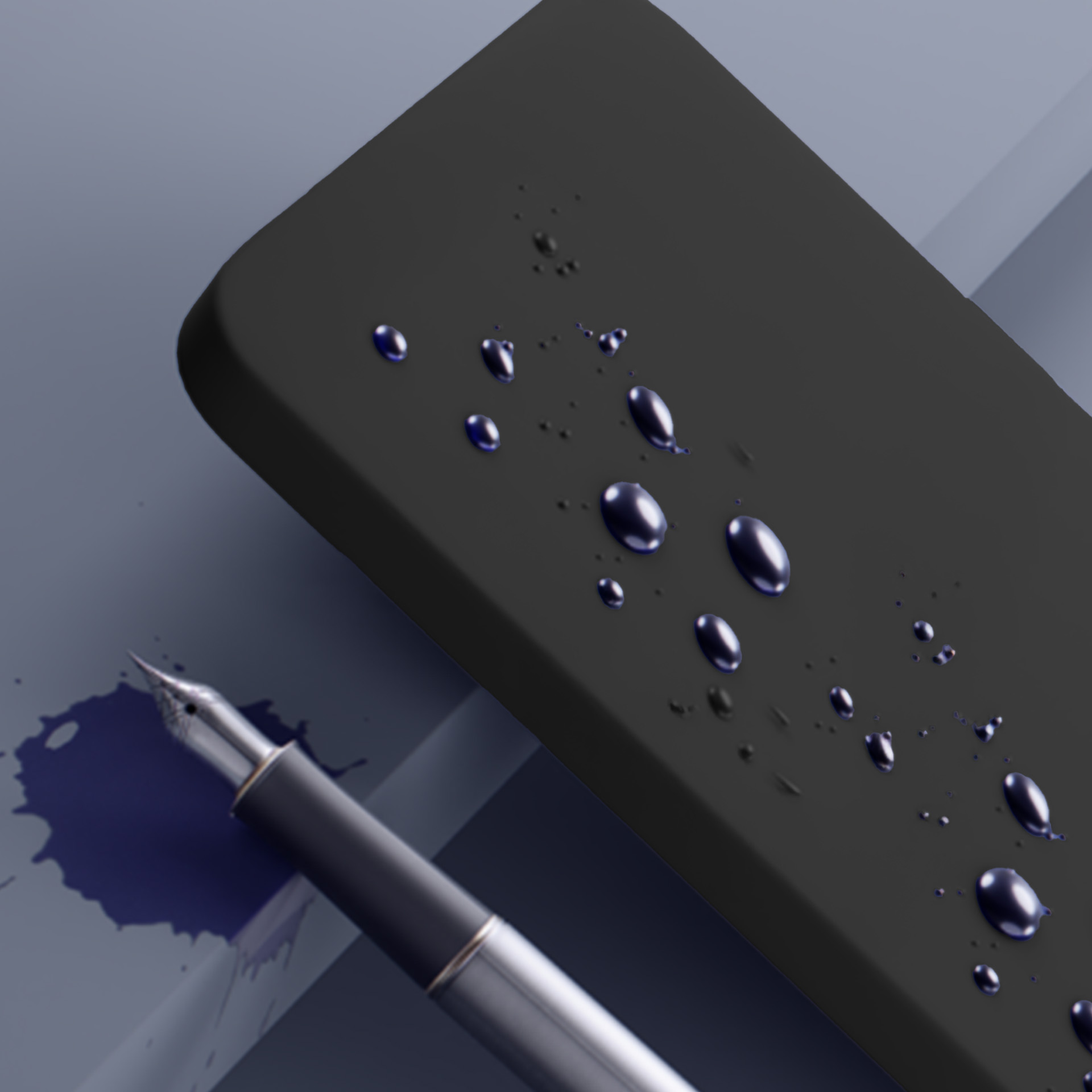 Czarny pióro obok plamy atramentu na szarym tle.