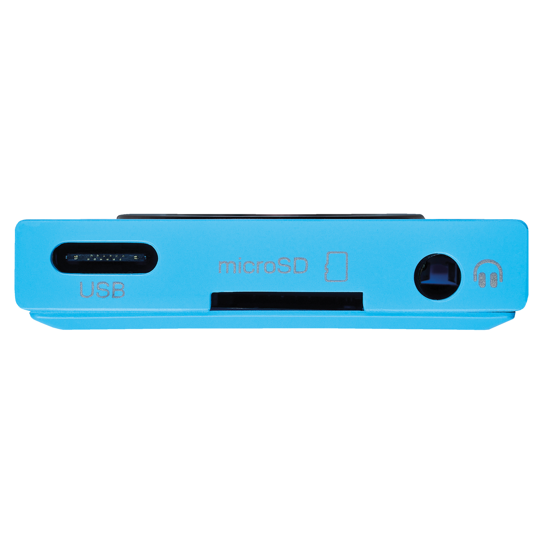 Ein blaues Gerät mit USB-, microSD- und Kopfhöreranschlüssen.