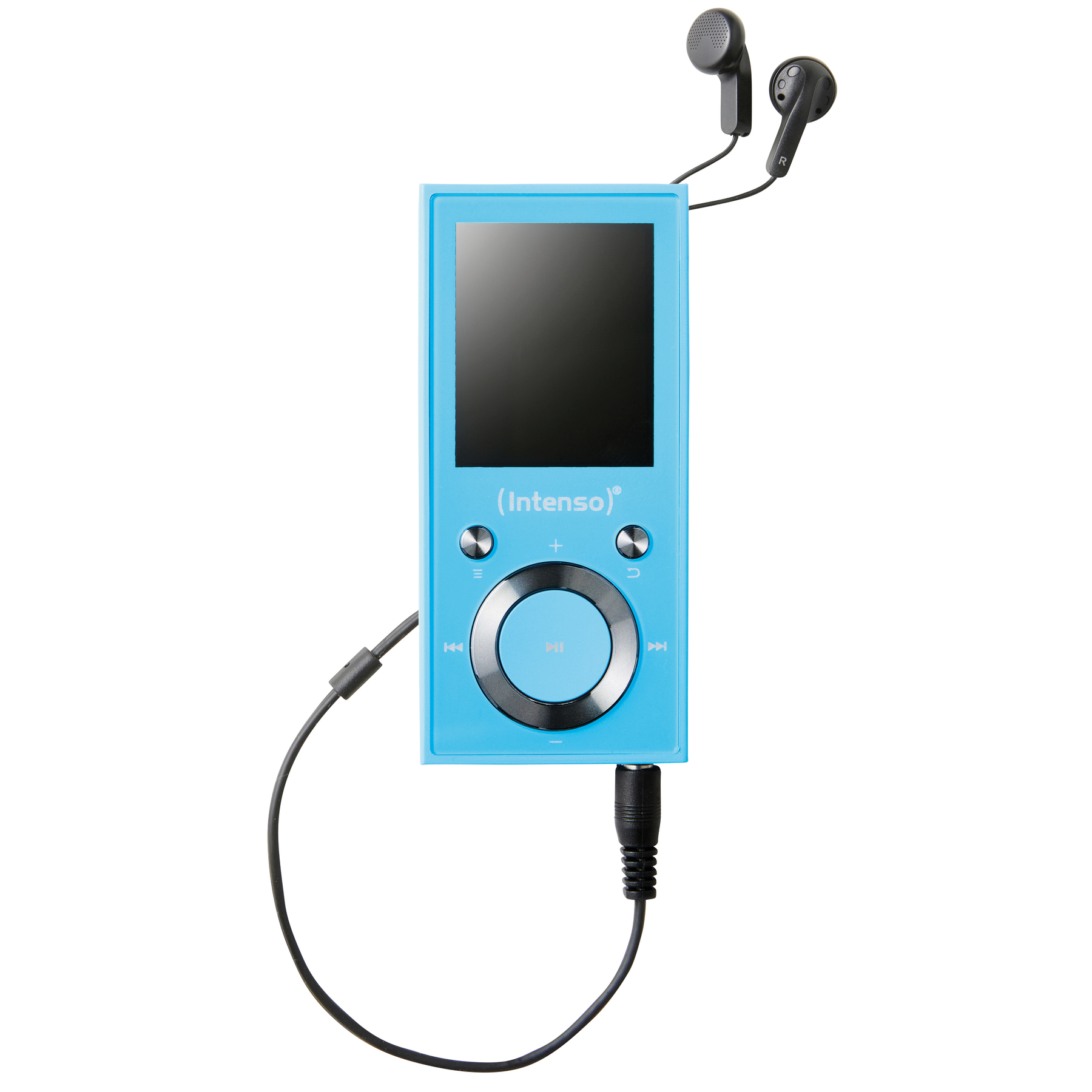 Ein hellblauer MP3-Player mit Kopfhörern und Kabel.