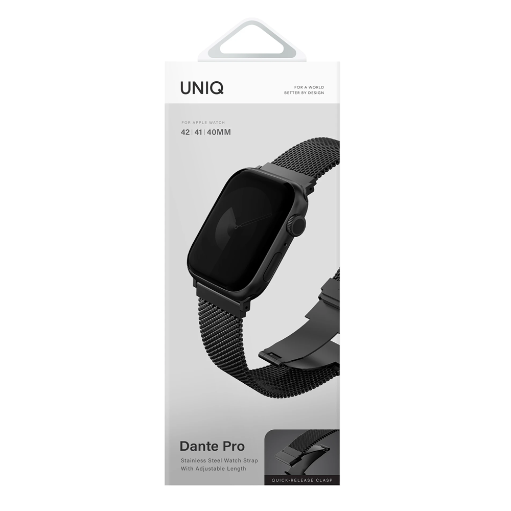 Paslanmaz çelik Milanese kordonlu, hızlı kilitli siyah Apple Watch bilekliği.