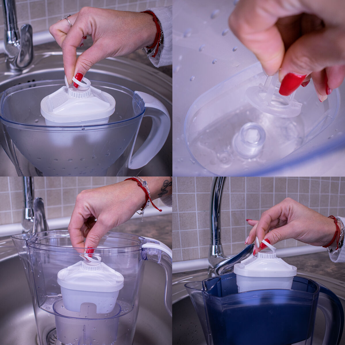 Eine Hand setzt einen Wasserfilter in einen Krug.