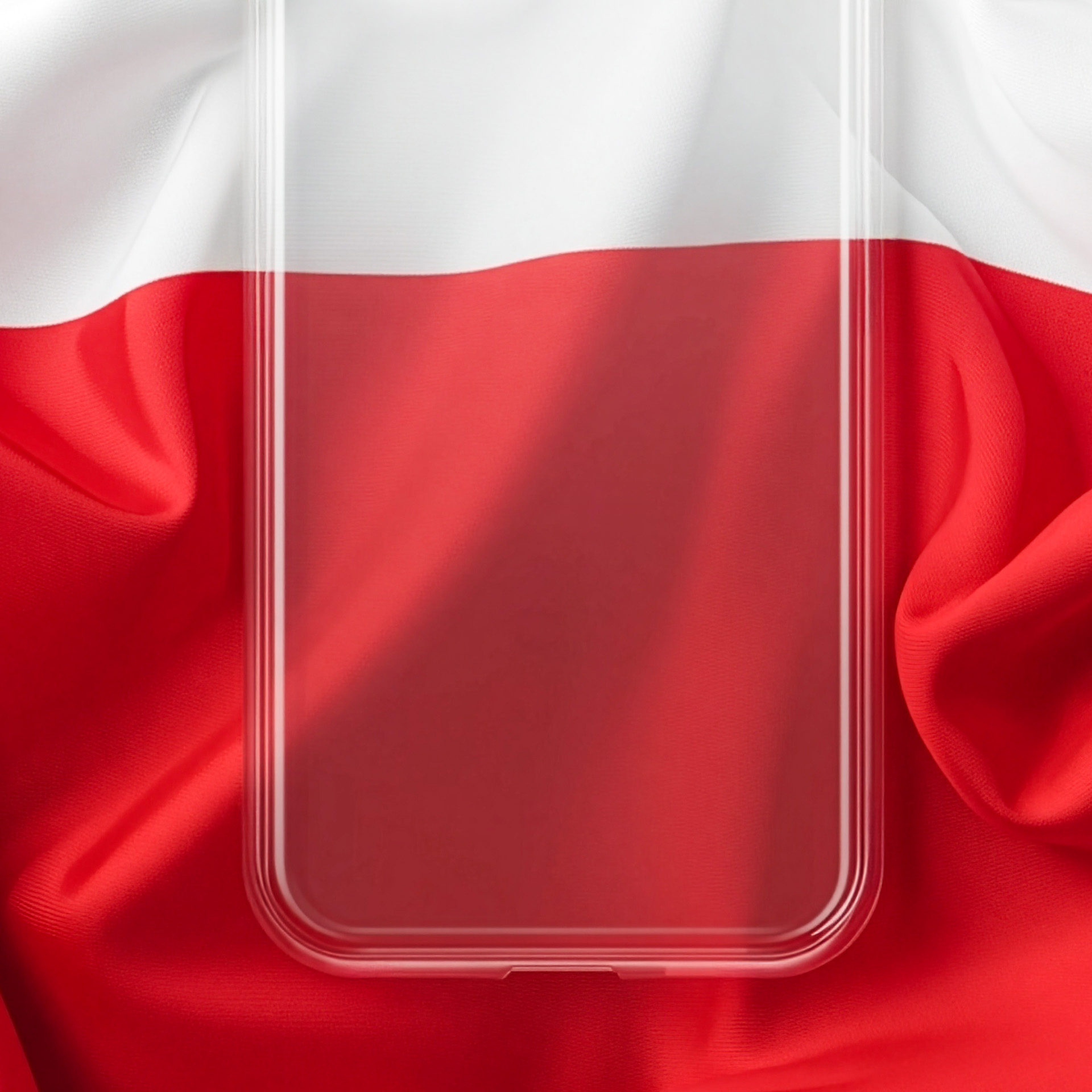 Przezroczyste etui na telefon leży na falującej biało-czerwonej fladze.