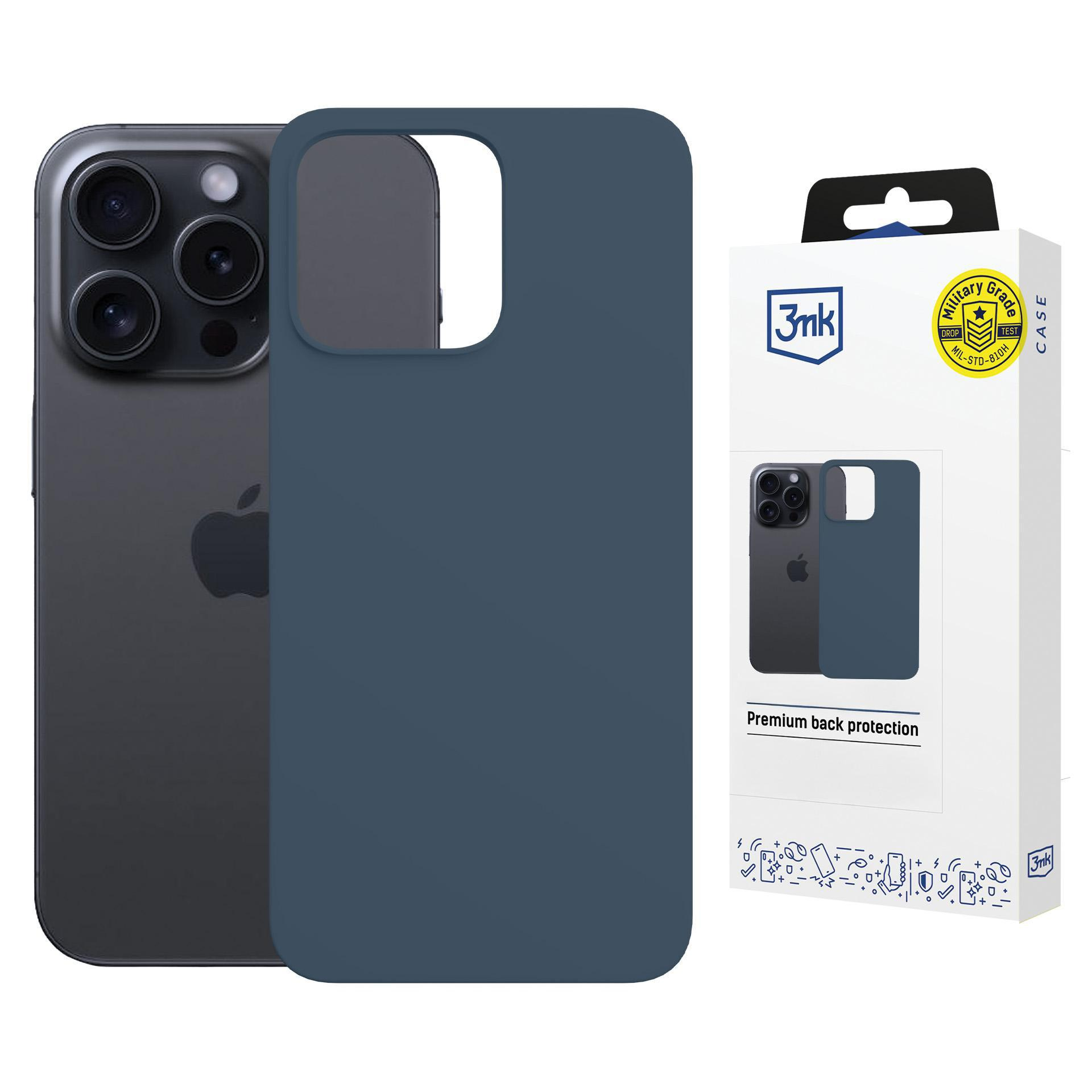 Ciemny iPhone z trzema aparatami i niebieskim etui obok.