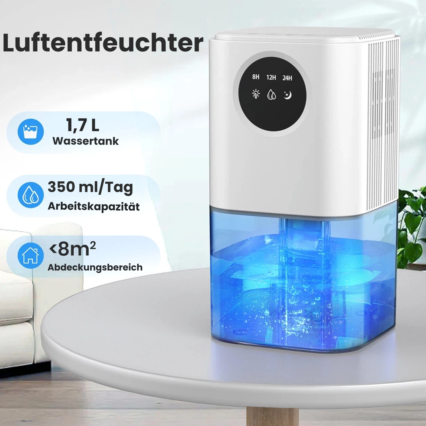 Weißer Luftentfeuchter mit blauem Wassertank auf Tisch.