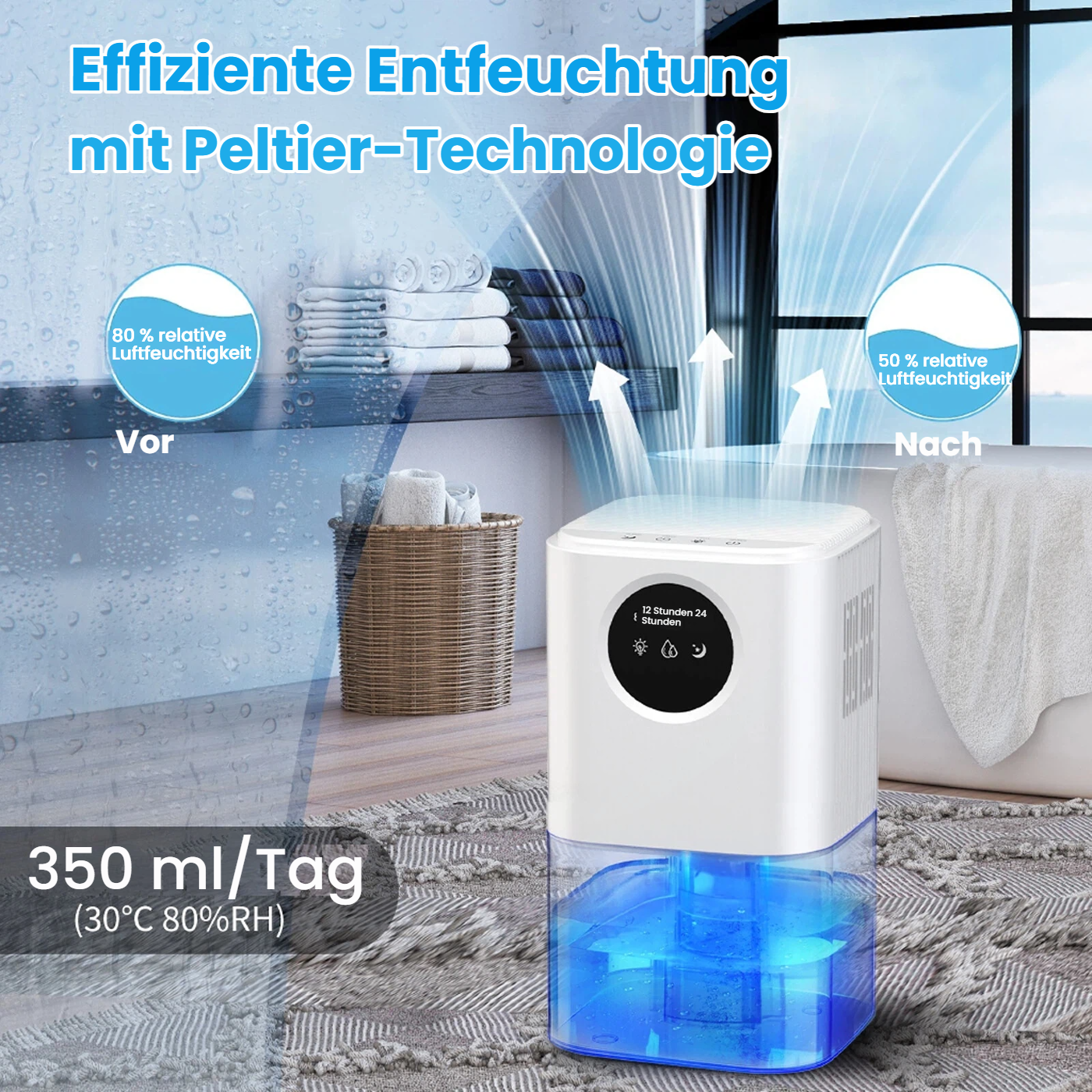 Ein weißer Luftentfeuchter mit blauem Wasserbehälter auf einem Teppich.