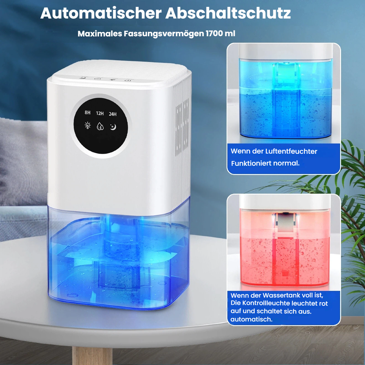 Ein weißer Luftentfeuchter mit blauem oder rotem Wassertank.