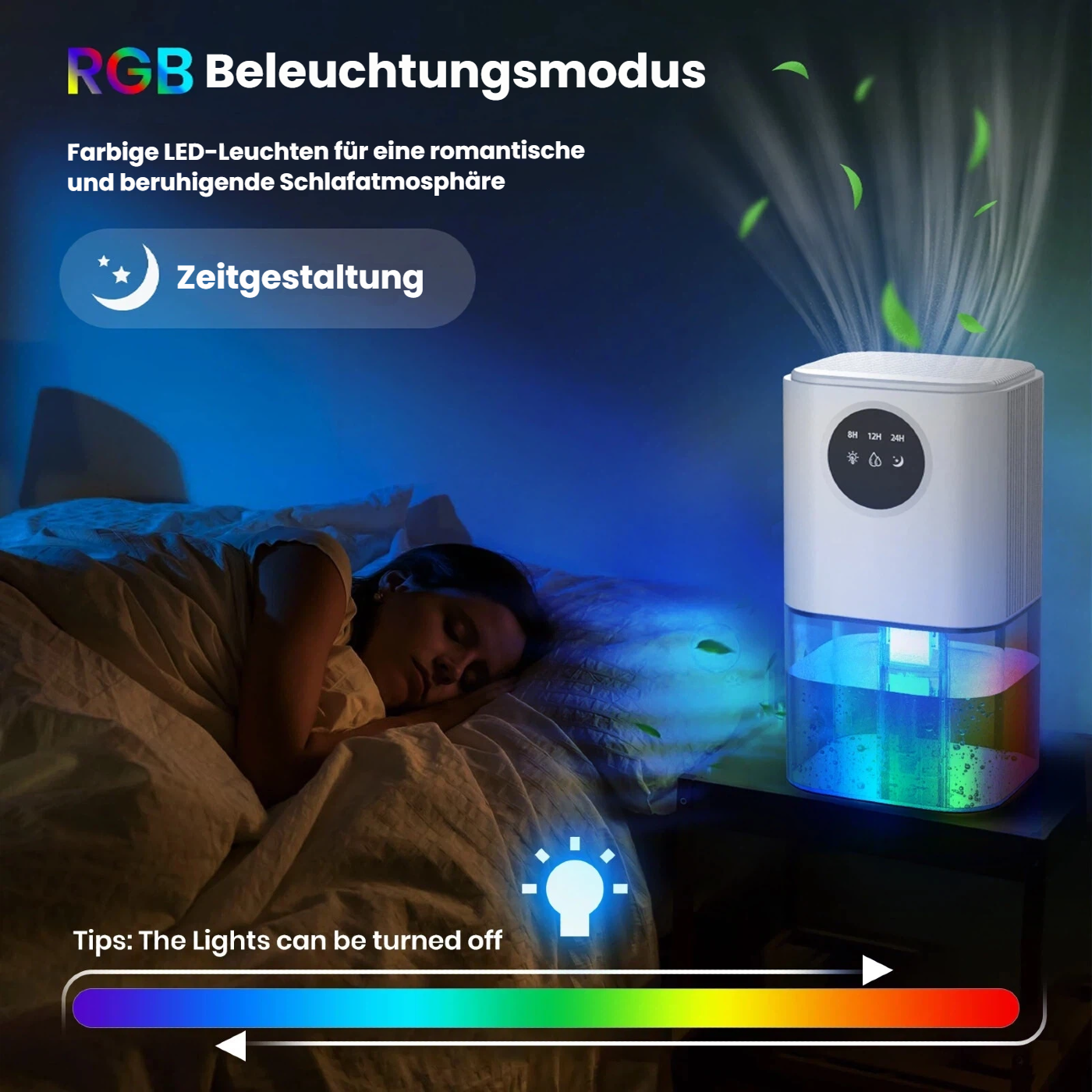 Ein Diffusor mit bunten Lichtern neben einem schlafenden Mädchen im Bett.