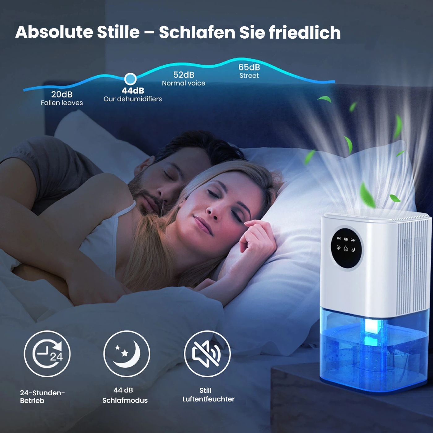 Ein Paar schläft friedlich im Bett, neben einem stillen Luftentfeuchter.