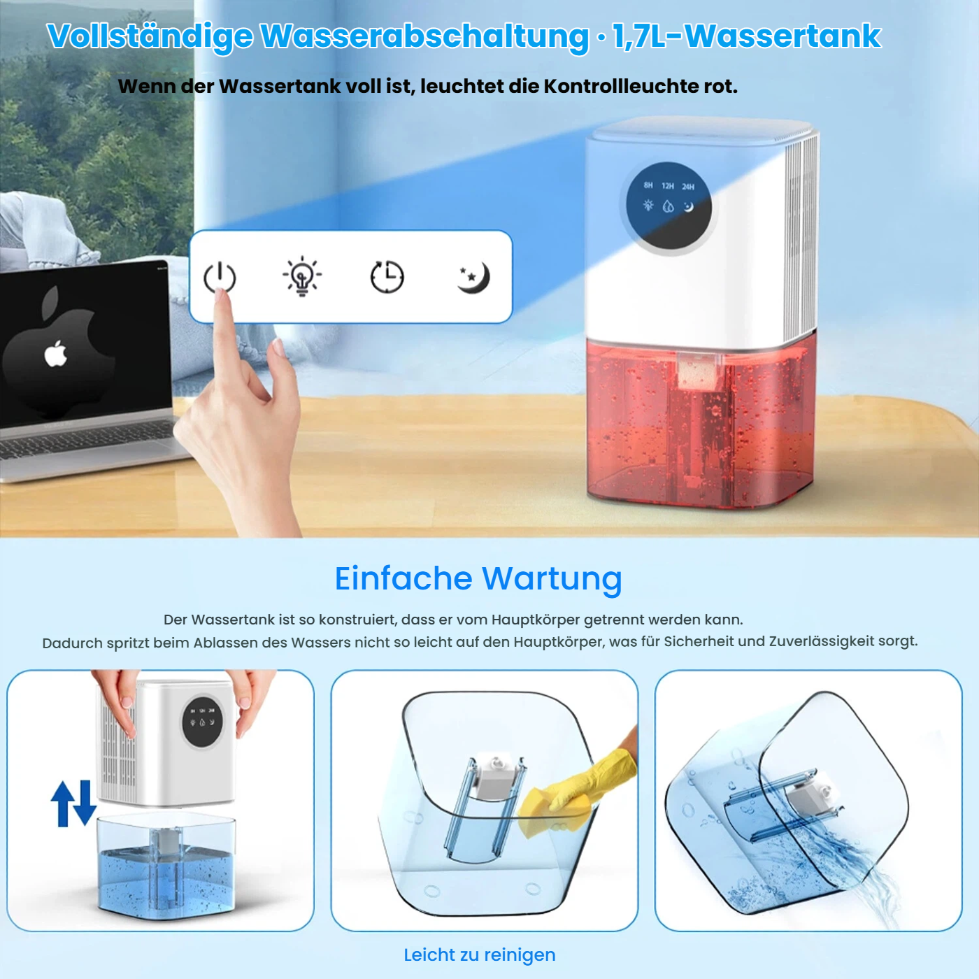 Luftentfeuchter mit rotem Wassertank, Laptop und Bedienelementen.