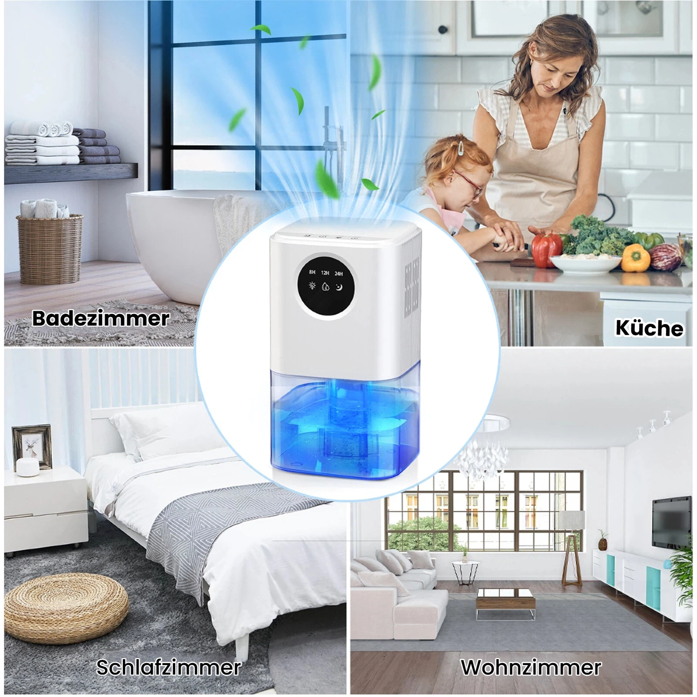 Ein Luftentfeuchter in vier Räumen: Bad, Küche, Schlafzimmer, Wohnzimmer.
