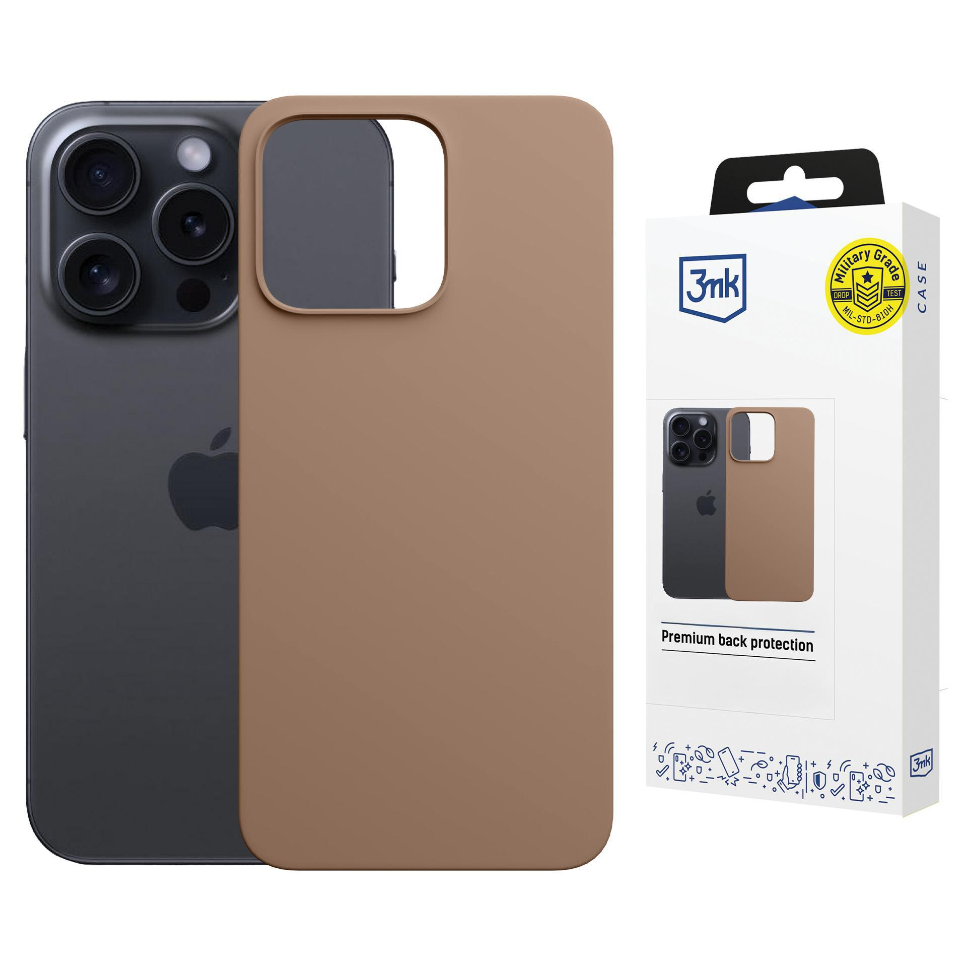 Ciemnoszare iPhone z obiektywami i brązowe etui obok. Opakowanie po prawej.
