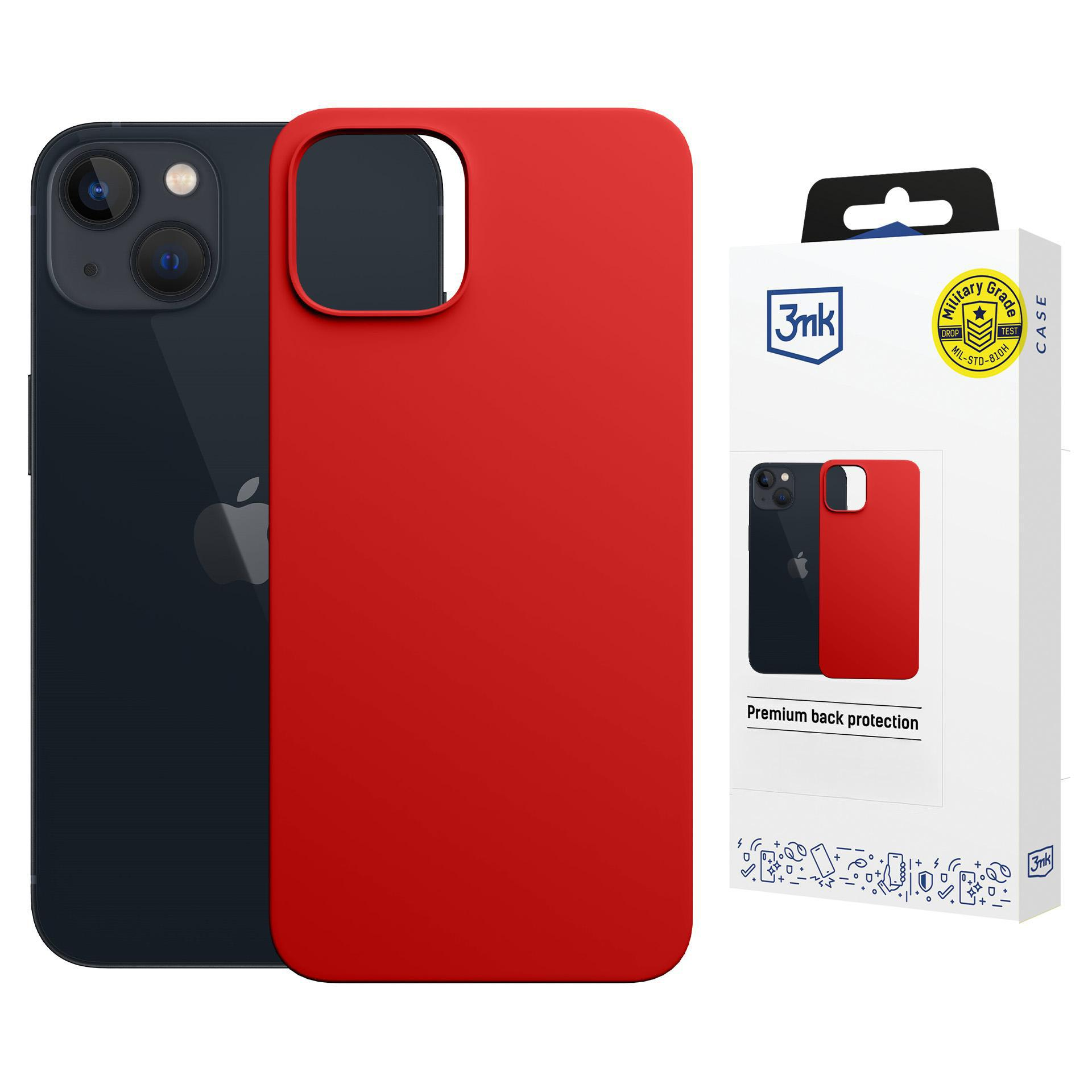Czerwone etui na iPhone obok ciemnego iPhone'a. Obok znajduje się opakowanie.
