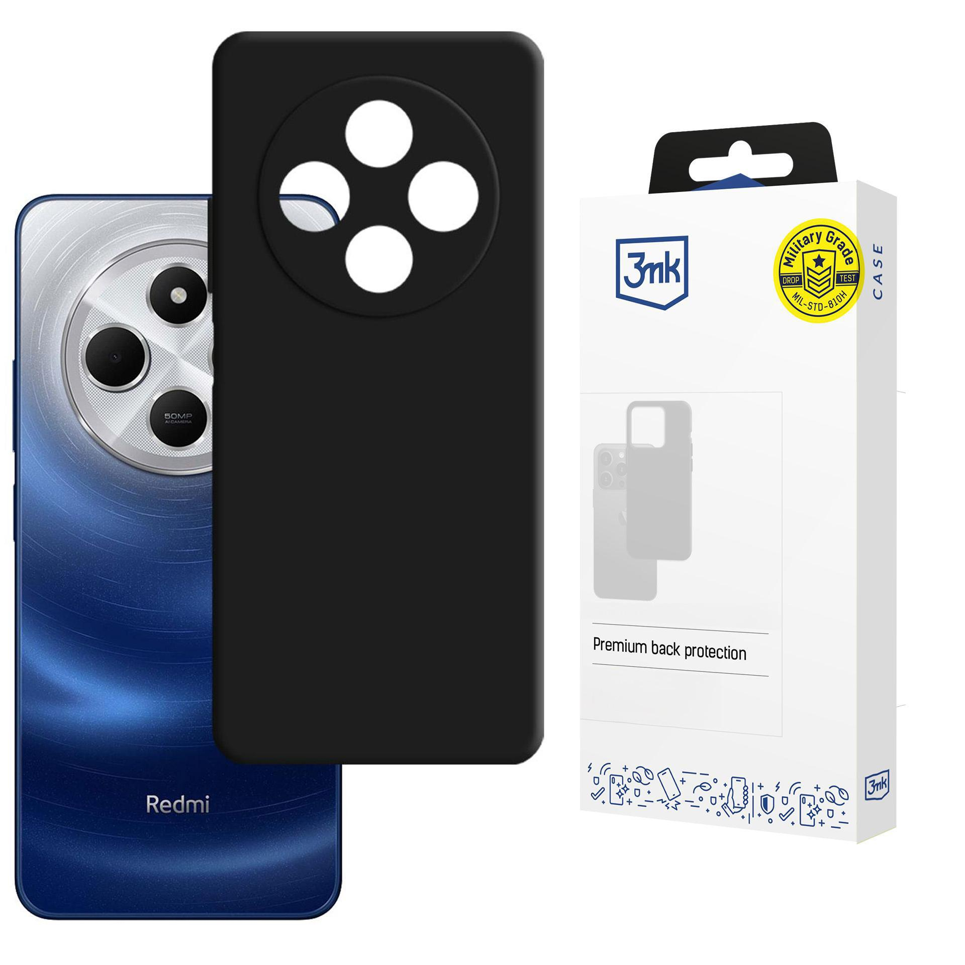 Czarne etui na telefon leży obok niebieskiego smartfona Redmi.
