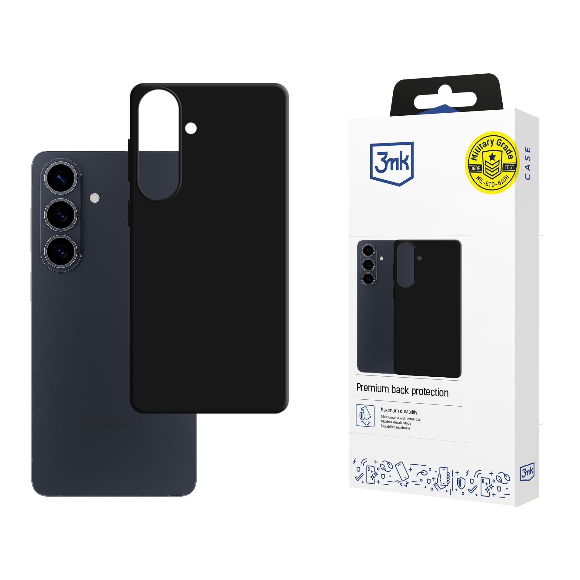 Czarny telefon Samsung leży obok czarnego etui na białym opakowaniu.