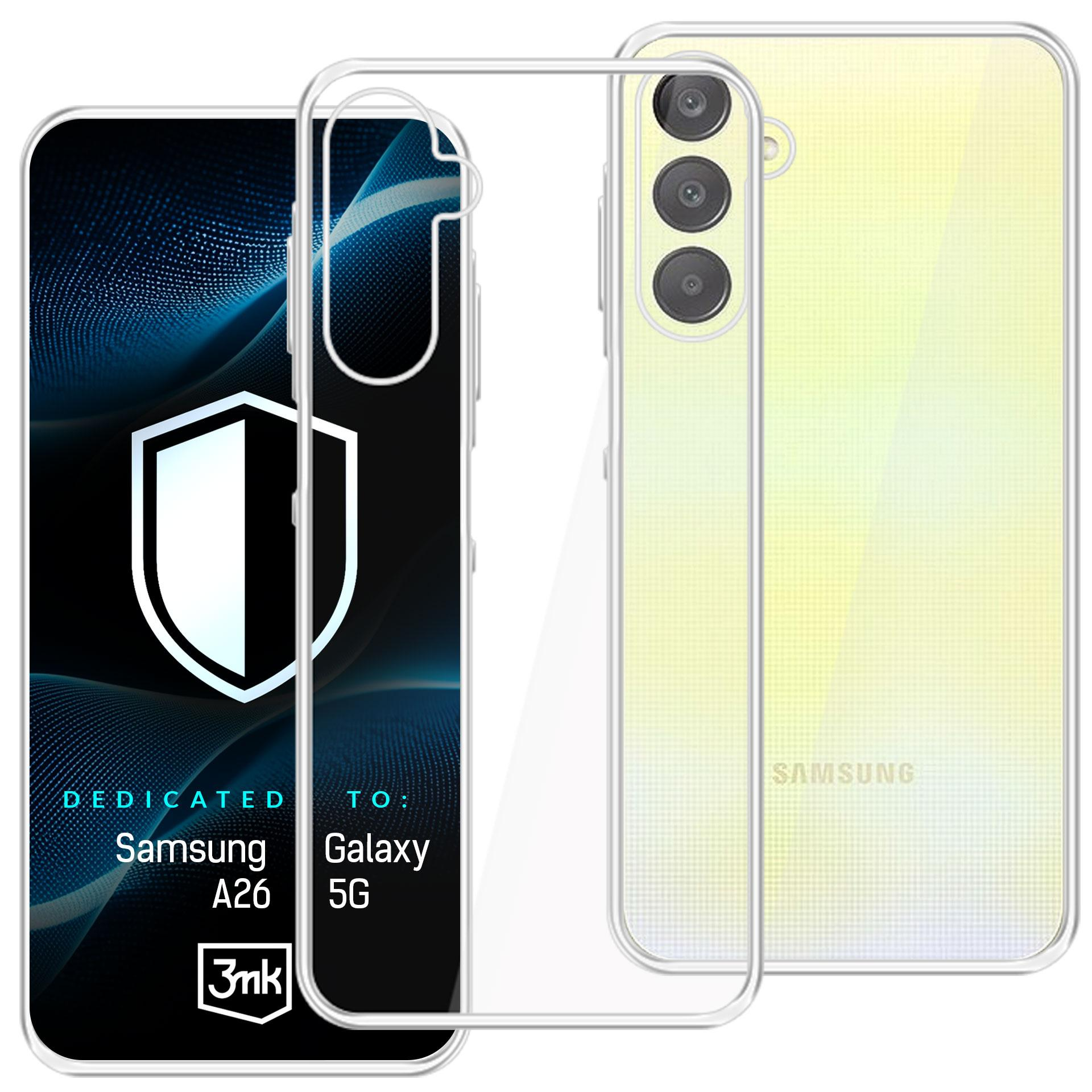 Przezroczyste etui do Samsung Galaxy A26 5G, pokazujące kamery i logo.