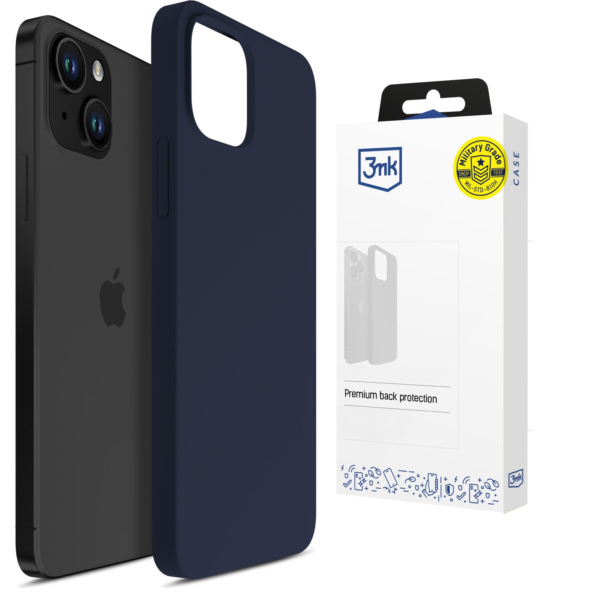 Ciemny iPhone i granatowe etui na telefon obok opakowania.