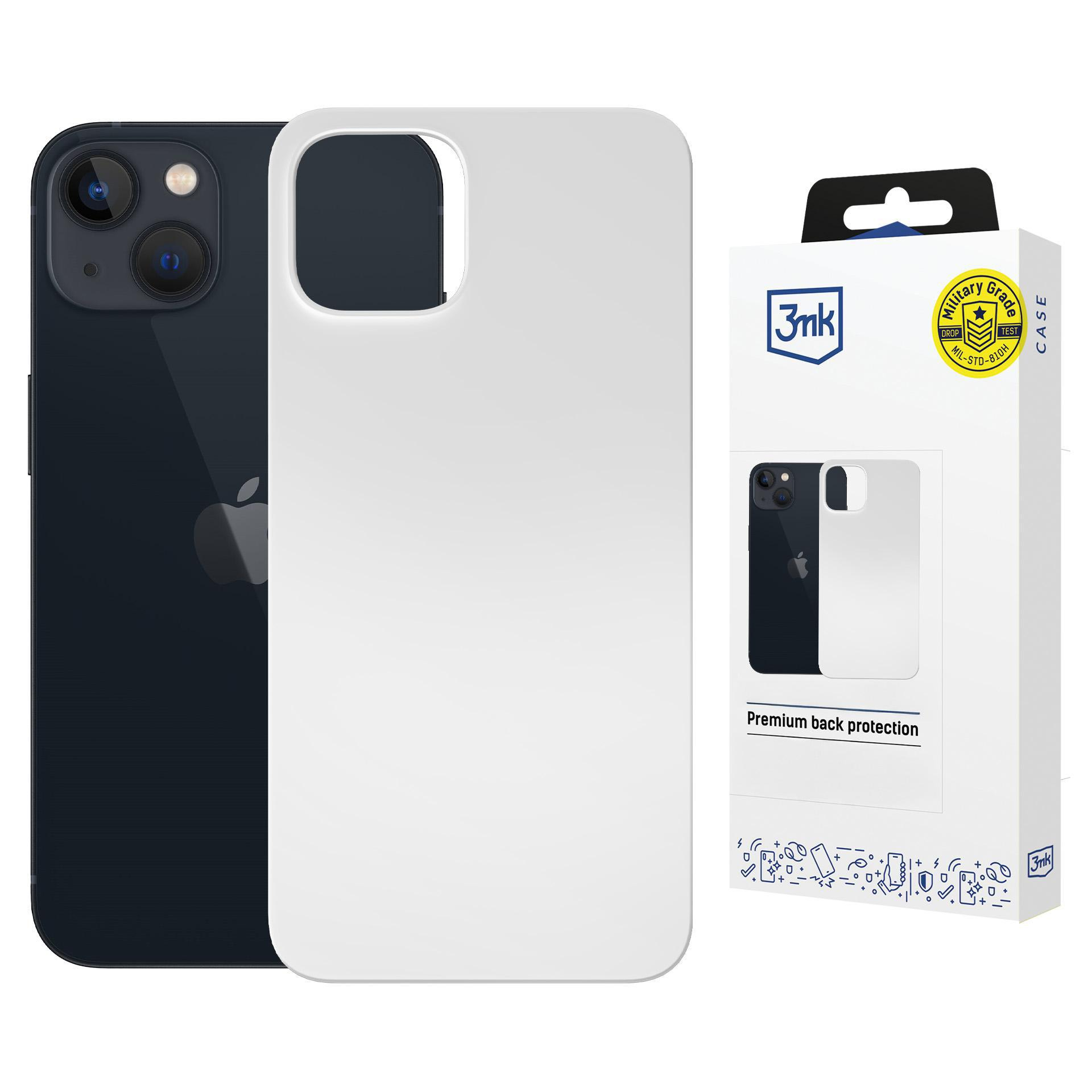Ciemny iPhone i białe etui obok. Opakowanie w prawym górnym rogu.