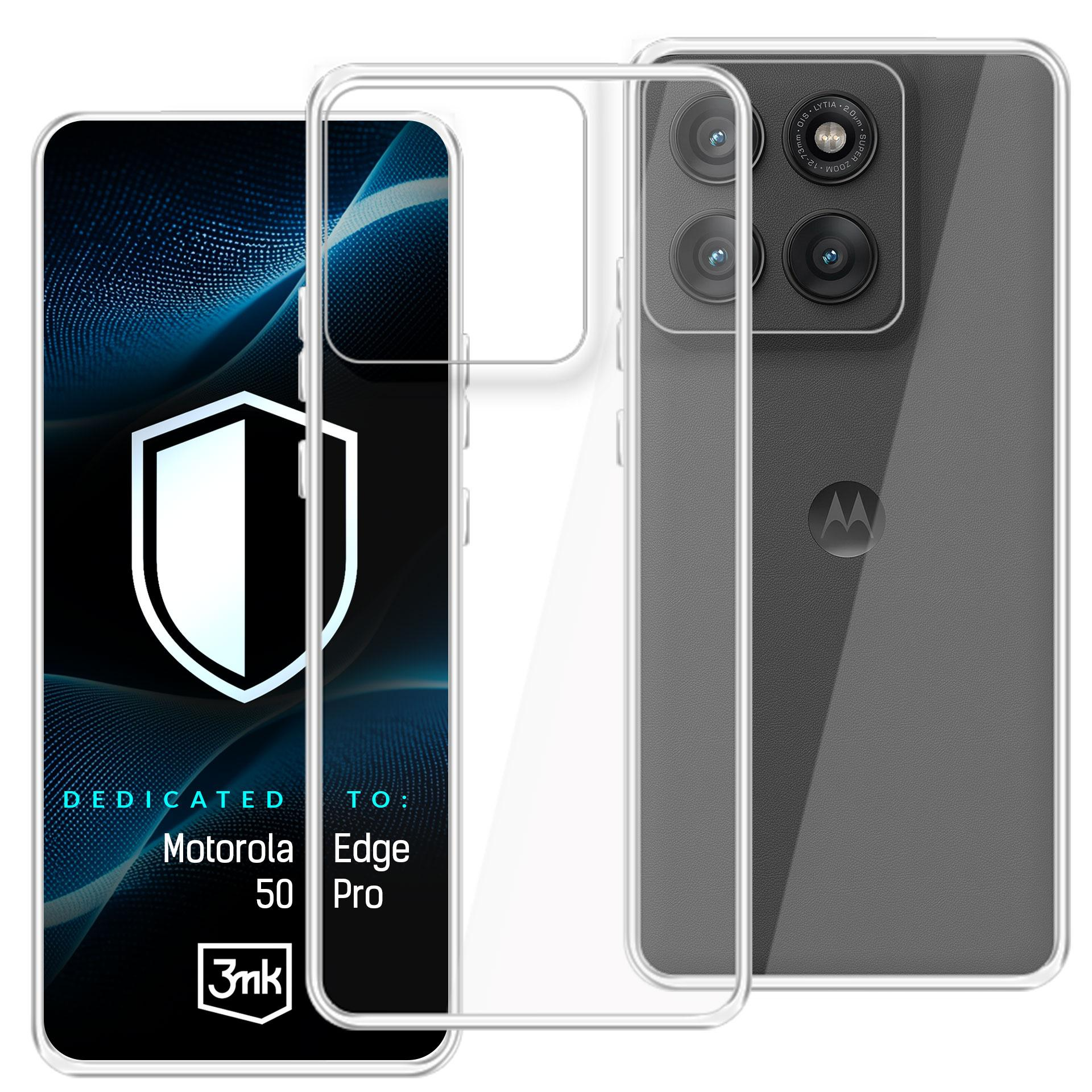 Przezroczyste etui na telefon leży na Motorola Edge 50 Pro.