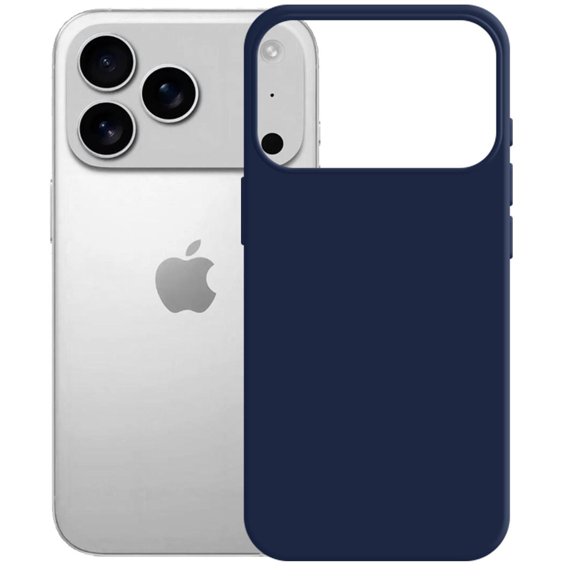 Srebrny iPhone z trzema aparatami obok ciemnoniebieskiego etui.