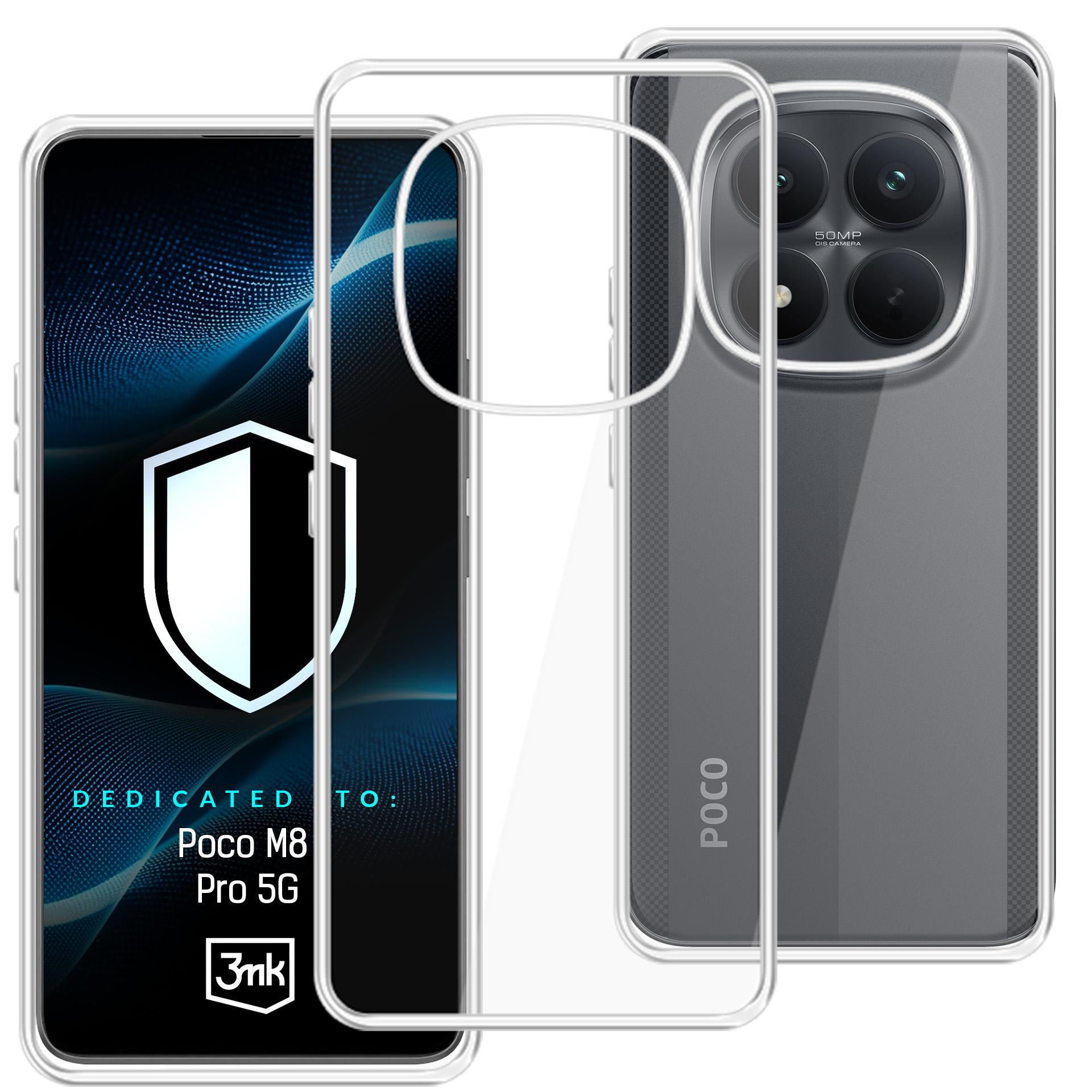 Przezroczyste etui do Poco M8 Pro 5G, z blokiem aparatu i logo.